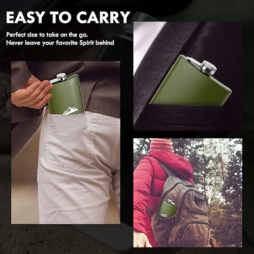 Miniatura 4 de KWANITHINK Frasco de cadera de acero inoxidable, 8 onzas, verde mate, a prueba de fugas con embudo, para exteriores, escalada, exploración, regalo