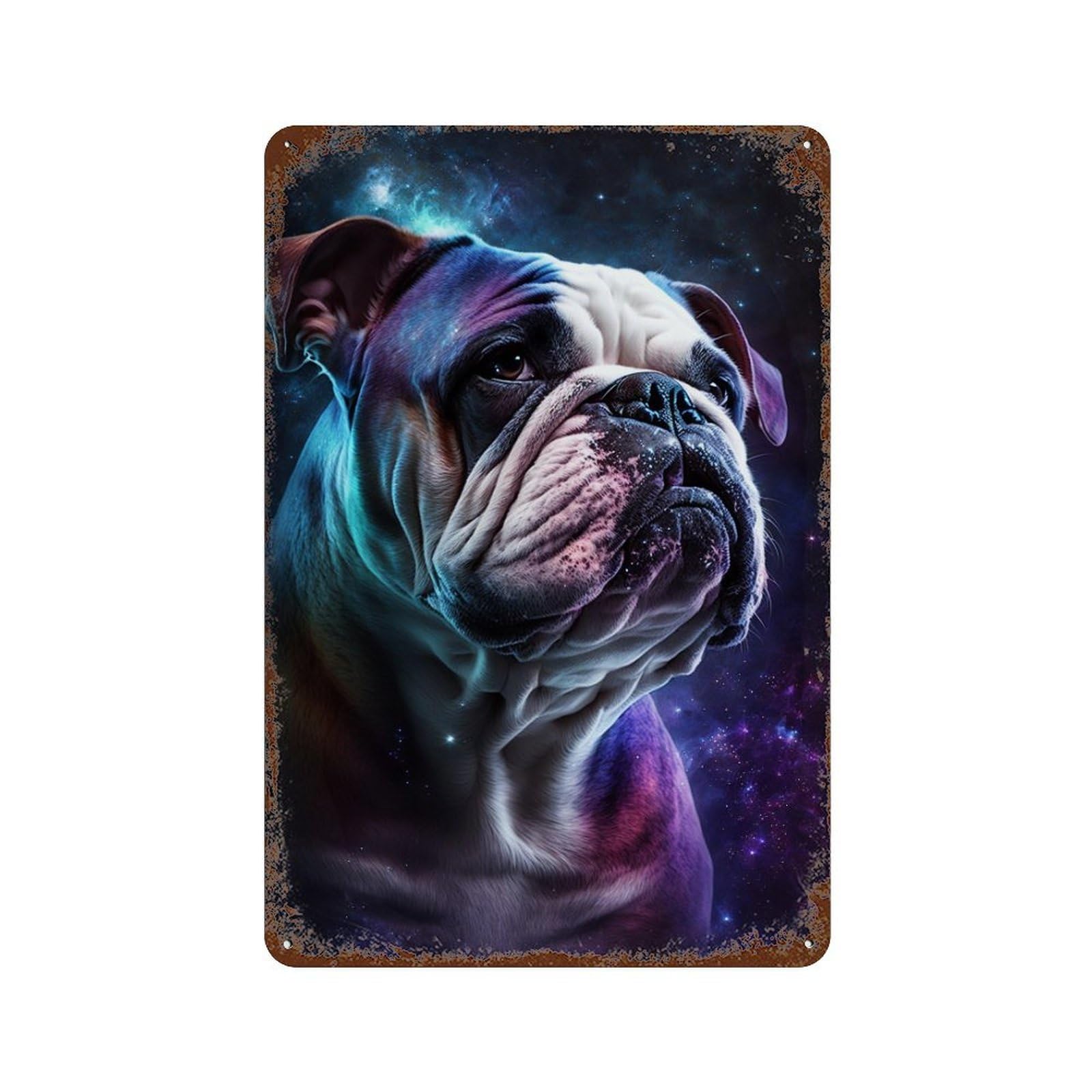 Rust Effect Cosmic Bulldog Portrait-7 Rustic Tin Plaque 11.8"x7.9", Shabby Chic Decor for Basement, Hobby Room And Garage Decor