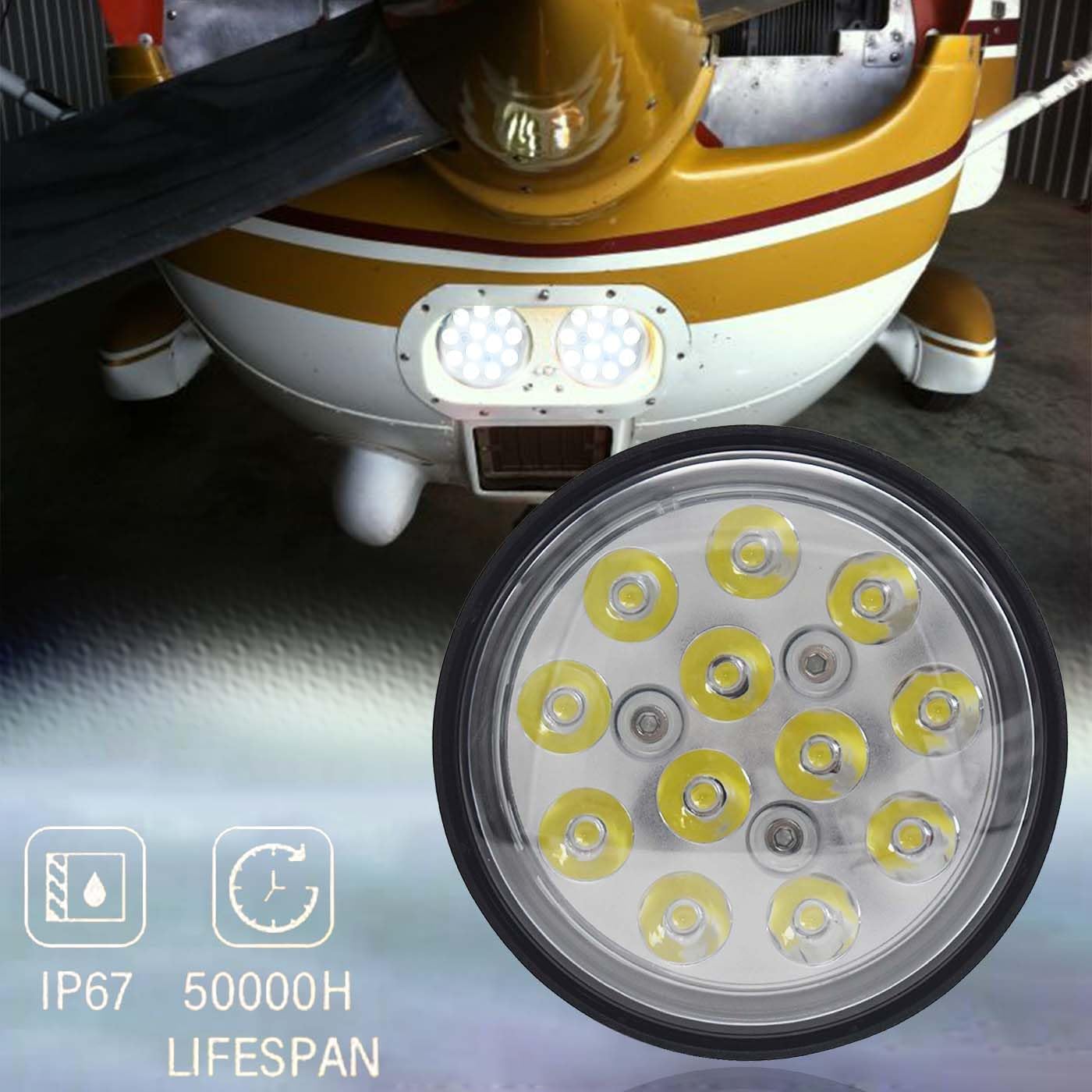 LED PAR36 Aviation Grade Aircraft Landing Light 4-1/2" 115mm DC 8-32V 2,000 Lumens White 6000K Spot Beam Narrow Beam IP67 LED Work Light for Aircraft Landing,Tractors,Taxi,Marine Spotlights