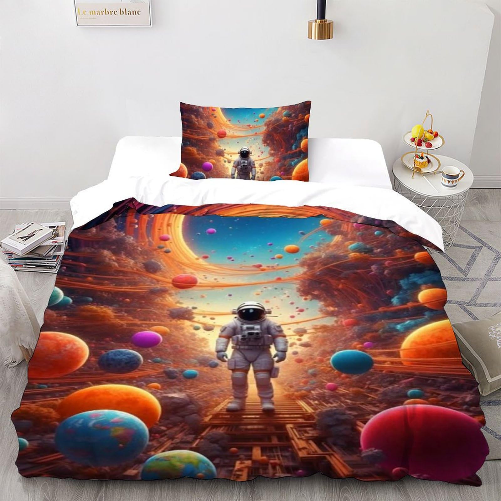 Housse de couette astronaute 135x200cm en microfibre avec taie d'oreiller pour lit enfant