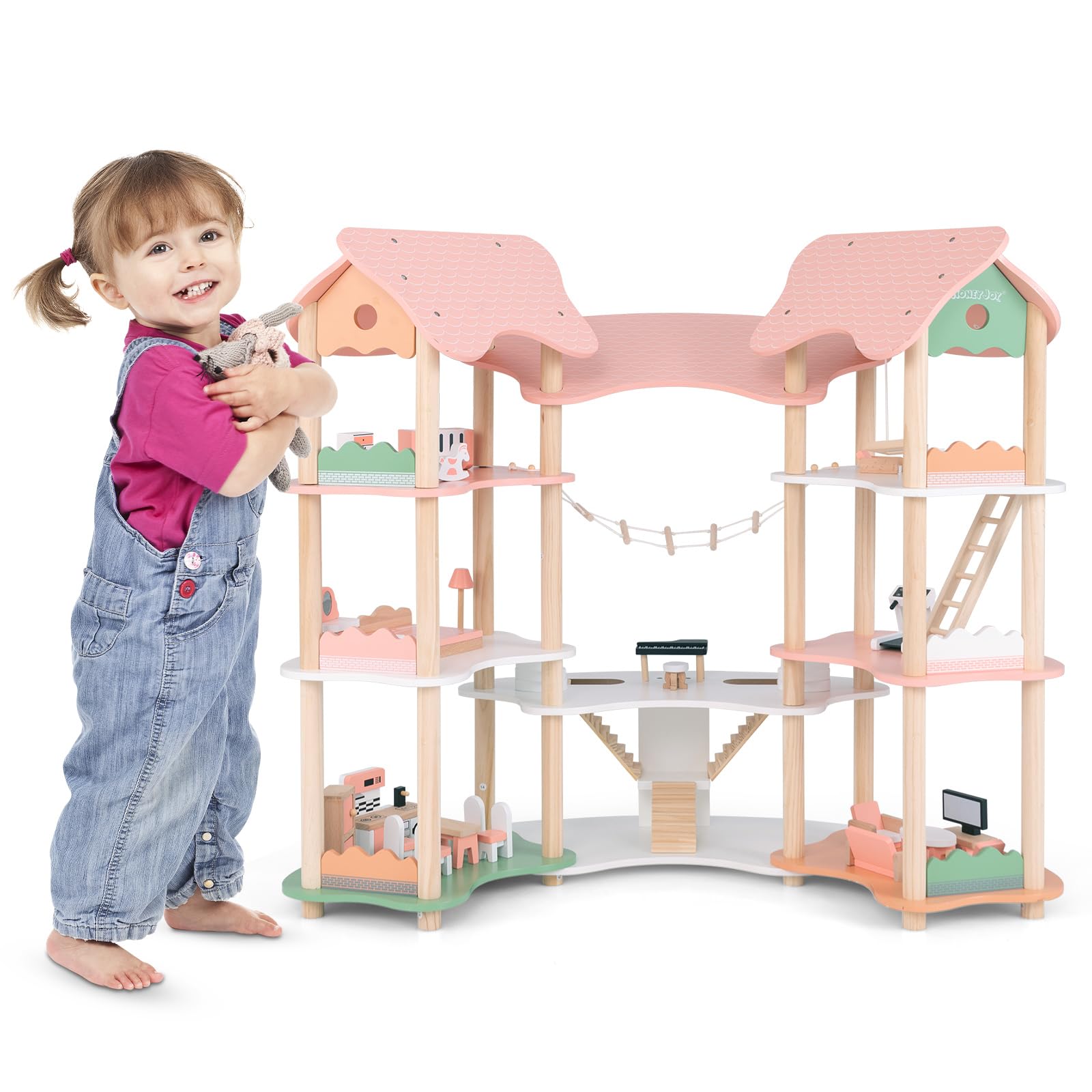 COSTWAY Casa de Muñecas de Madera, Casita Infantil de 7 Habitaciones y 3 Niveles con 32 Piezas de Accesorios de Muebles Realistas, Techos, para Muñecas de 8-15 cm
