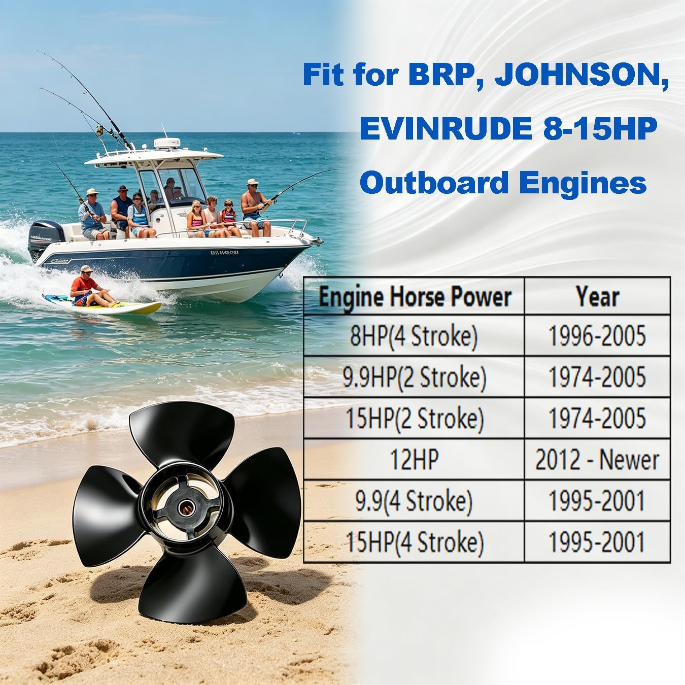 Boat Propeller High Thrust 10"x5" 10"x7" 10"x9" Pitch 13 Spline Tooth for BRP Johnson Evinrude OMC Stern Drive 8/9.9/15 HP Outboard Engines, 4-Blade Aluminum Boat Motor Props