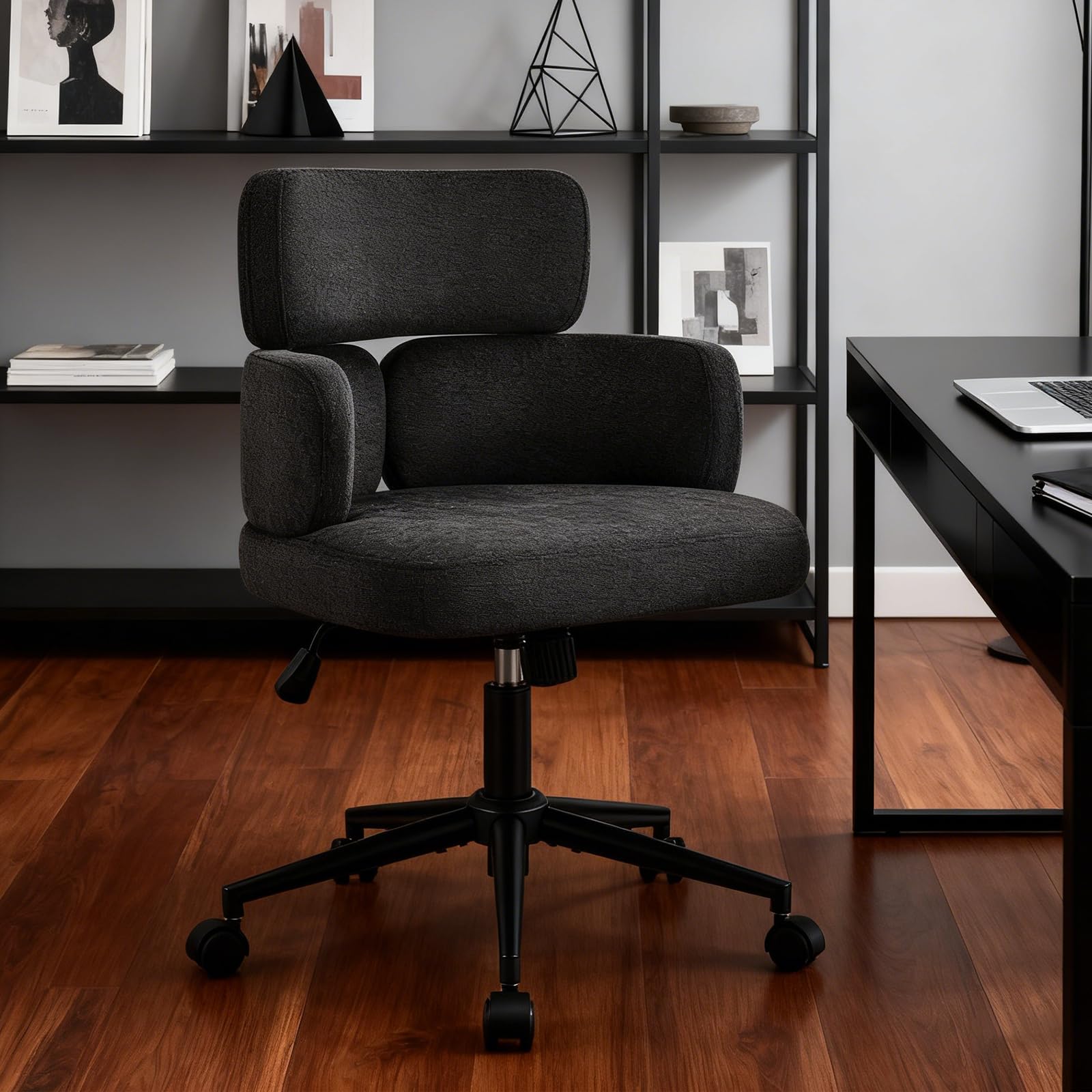 Modern Upholstered Office Chair with Wheels Adjustable Height Swivel Desk Chair with Arms Comfy Fabric Task Chair for