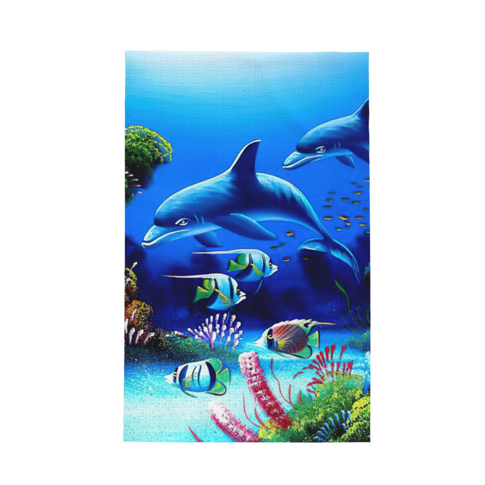 XXahnbm Beautiful Underwater World Dolphins Coral Print Waffle Kitchen Towel,Absorbent Hand Towel