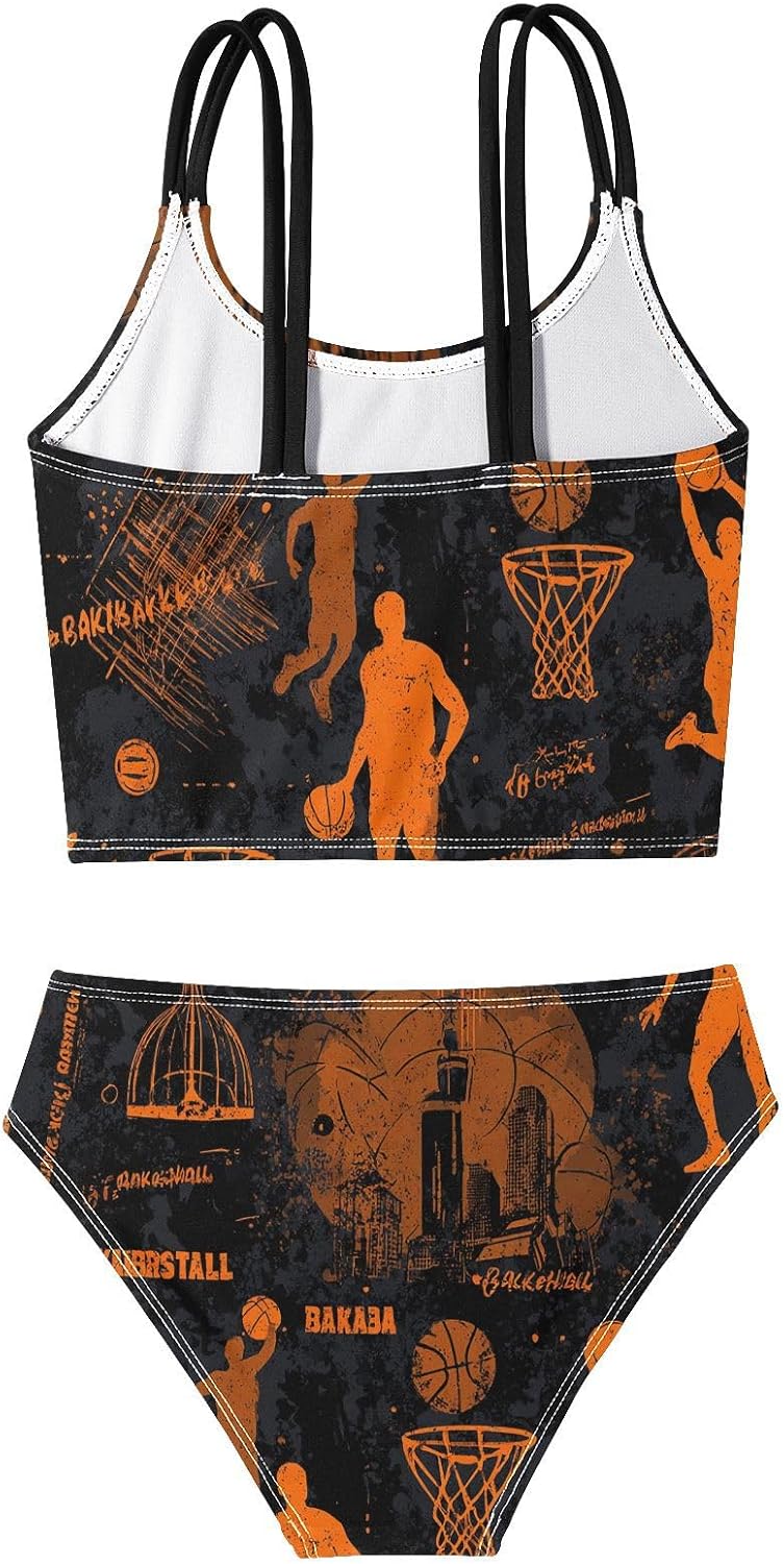 visesunny Girls Two Piece Swimsuits Black Orange Basketball Girl's Bikini Sets Bathing Suits for Girls Size 5-12Y