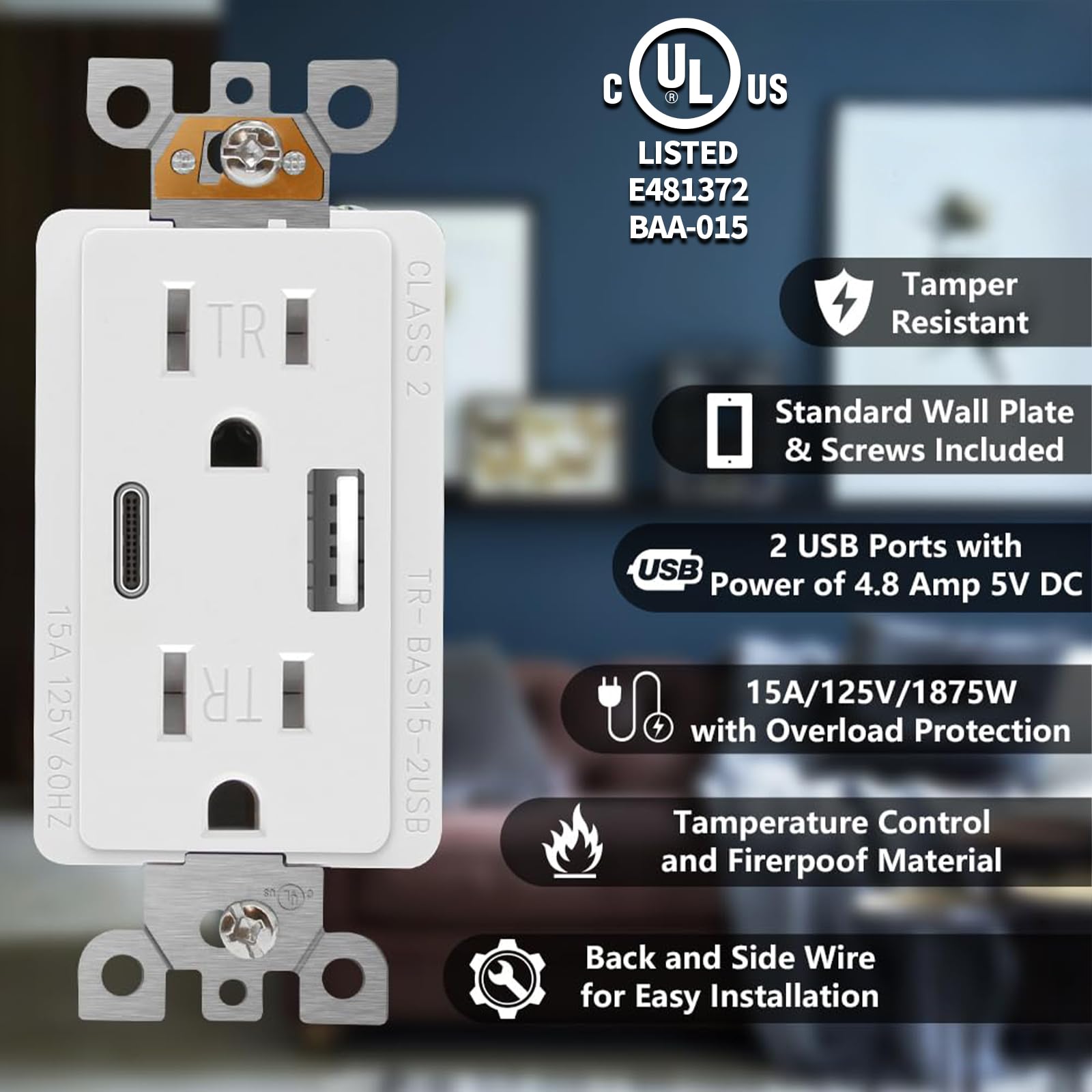 2 Pack - POWAWINI Wall Outlet 15 Amp UL Listed USB C USB A Port Self-Test with LED — view 2