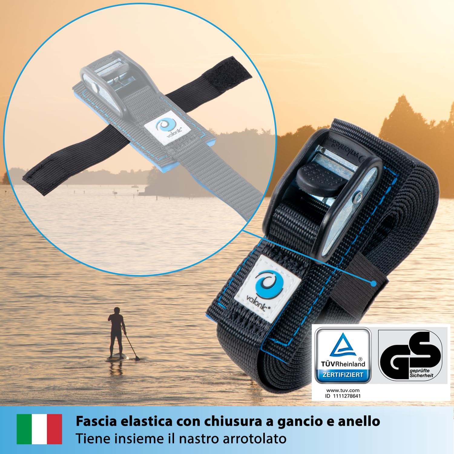 valonic Dolphin - 2x 2m cinghie di fissaggio, 25mm, 500 Kg, imbottite, certificate TÜV Rheinl. / GS, EN-12195-2 - con fibbia per portapacchi, bagagli, nero
