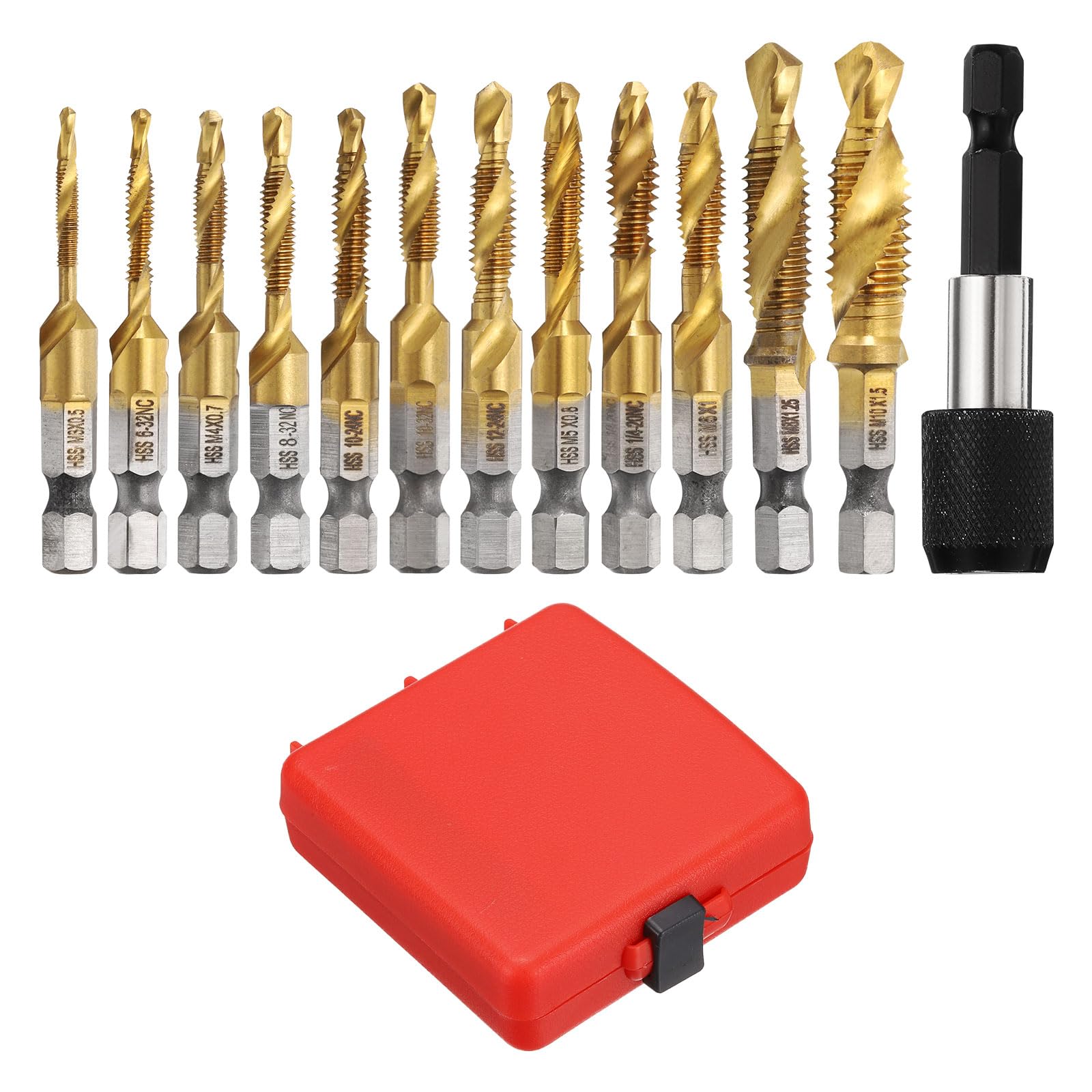 Juego de 13 brocas combinadas para taladro, roscas SAE 6-32NC a 1/4-20NC métricas M3 a M10 con adaptador de cambio rápido, kit de herramientas de roscado y perforación con revestimiento de titanio.