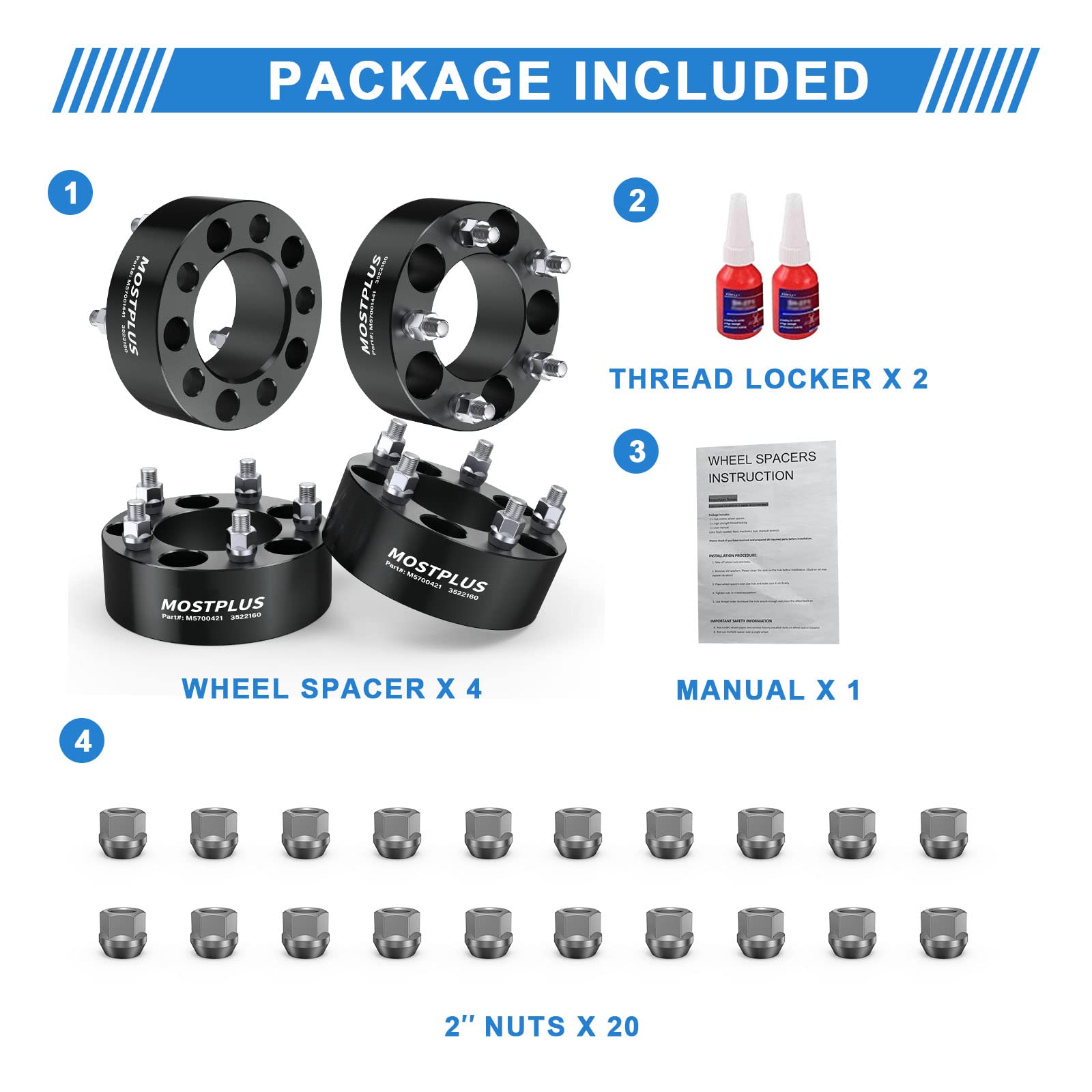 MOSTPLUS 5x4.5 (5x114.3mm) Wheel Spacers 5 Lugs 1/2"-20 Studs,2" 82.5mm CB Compatible with YJ TJ XJ MJ KJ KK ZJ Wrangler Explorer Mustang Edge Ranger Crown Victoria (Set of 4)(Black)
