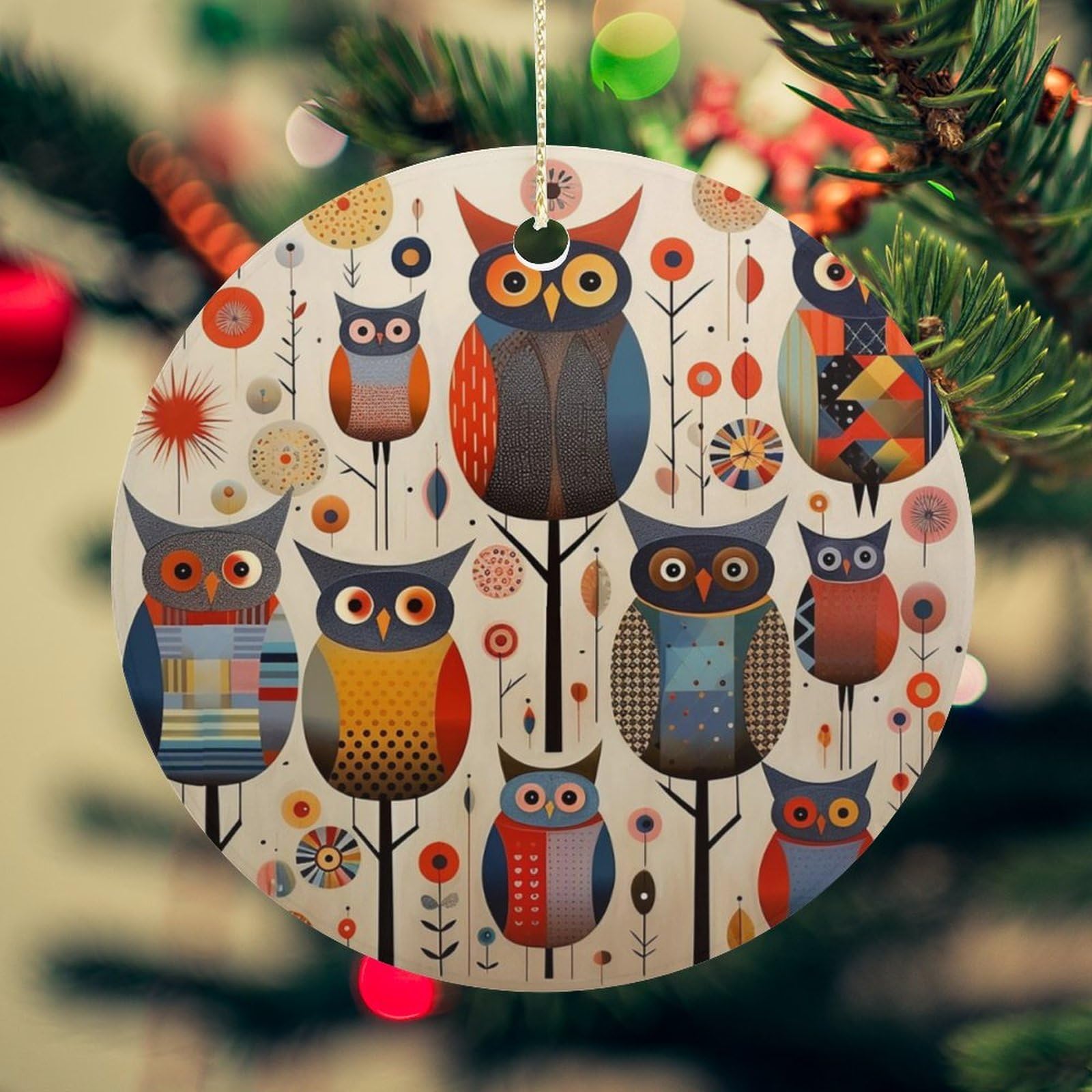 Patchwork Owl Christmas Ornament for Christmas Tree Ceramic Round Ornament Winter Holiday Keepsake Gift 2.7" Christmas Tree Hanging Decorations Circle Ceramic Pendant Xmas Gift