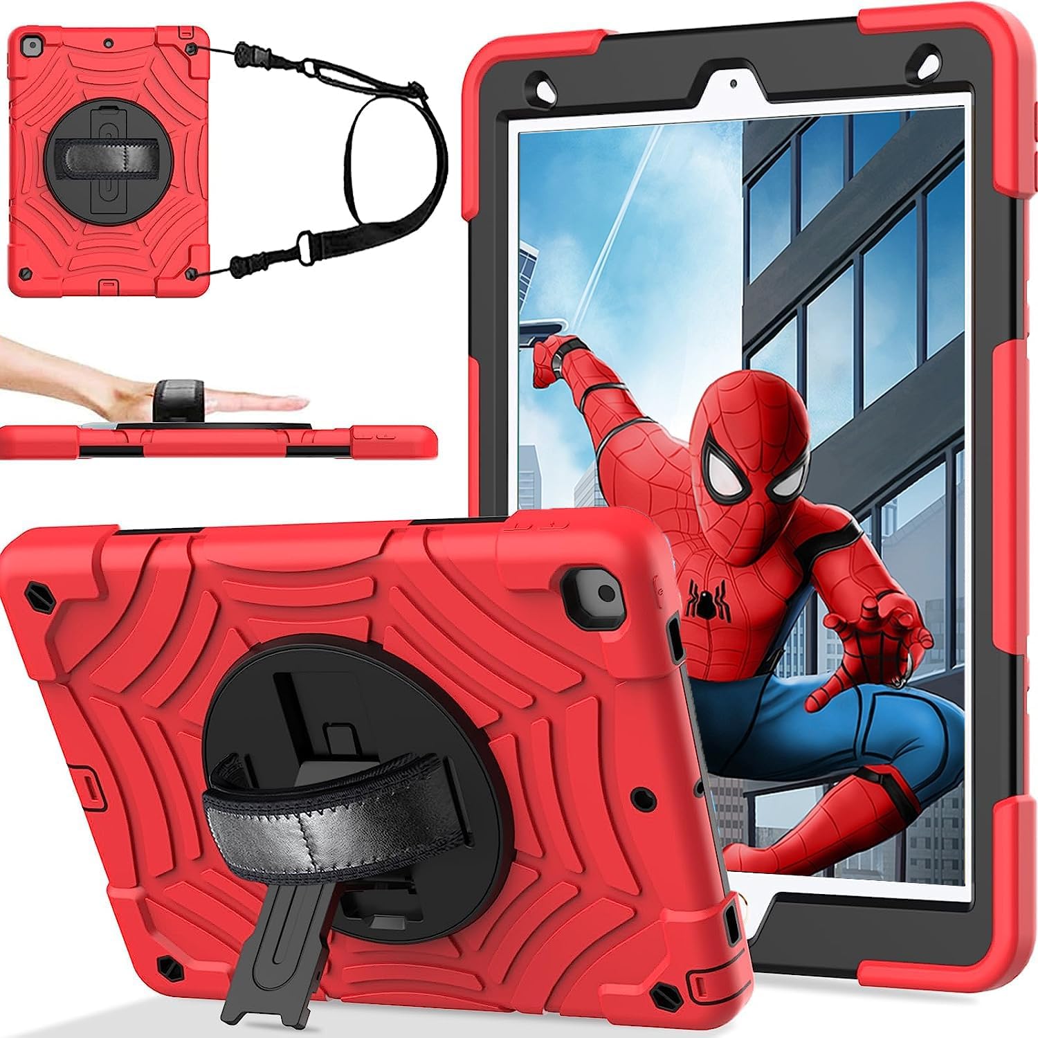 BMOUO Case for iPad 6th/5th Generation Case (9.7 inch, 2018/2017), with Screen Protector, 360 Rotating Stand & Hand & Shoulder Strap Kids Case for iPad 6th/5th Gen, Red