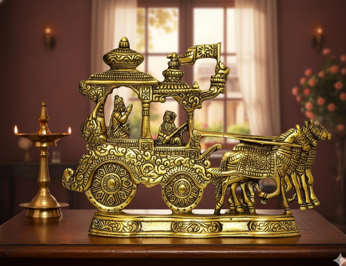 Gold Plated Antique Lord Krishna and Arjun Rath Chariot Showpiece with Four Horses, 10.5 x 7 x 1.5 Inches, Decorative Figurine-image-35