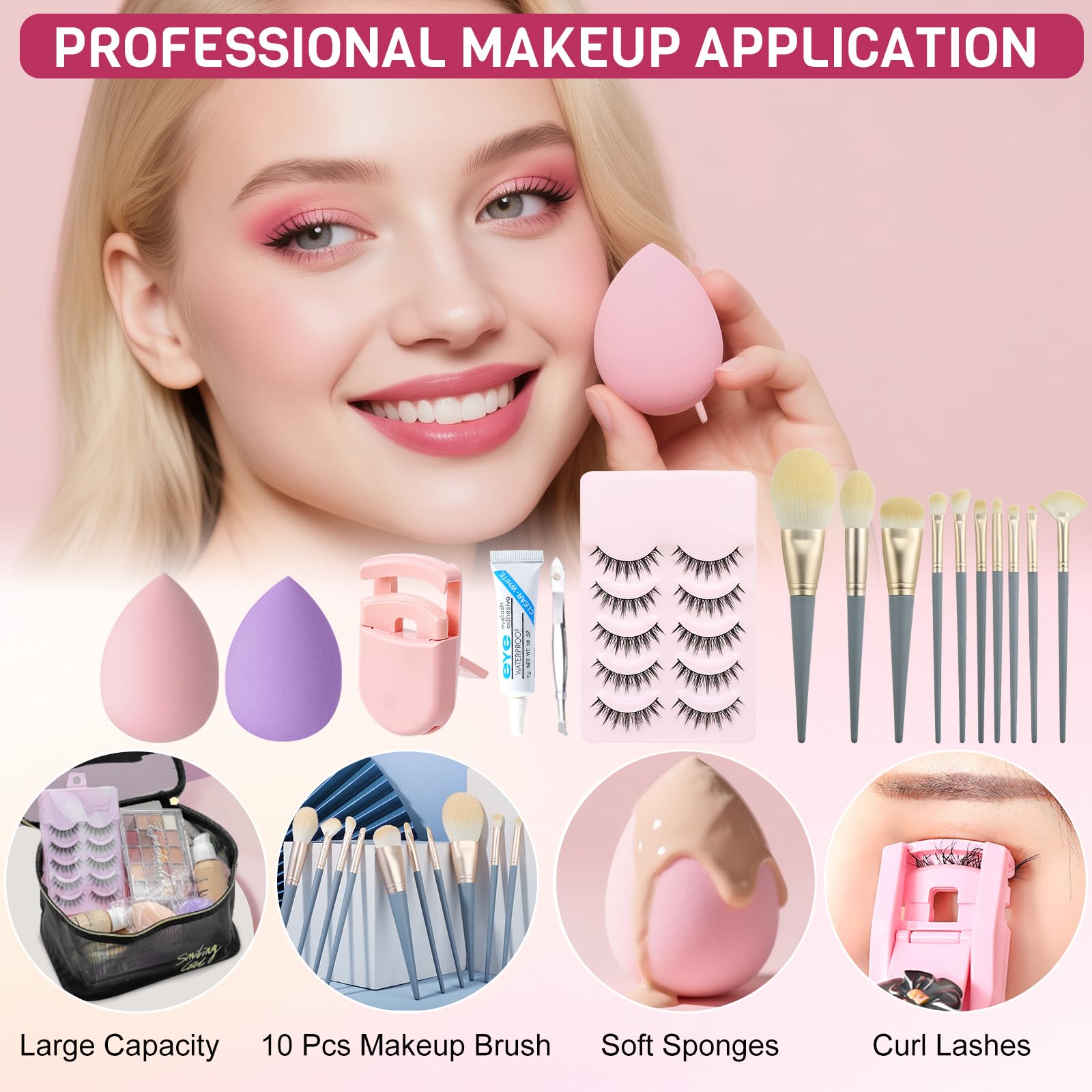 Set Maquillaje Mujer, Set Regalo Maquillaje Adolescentes, Kit de Estuche Maquillaje Profesional Completo con Paleta Sombras de Ojos, Base Líquida, Colorete, Lápiz Labial, Rímel, Gloss Labios, Pinceles