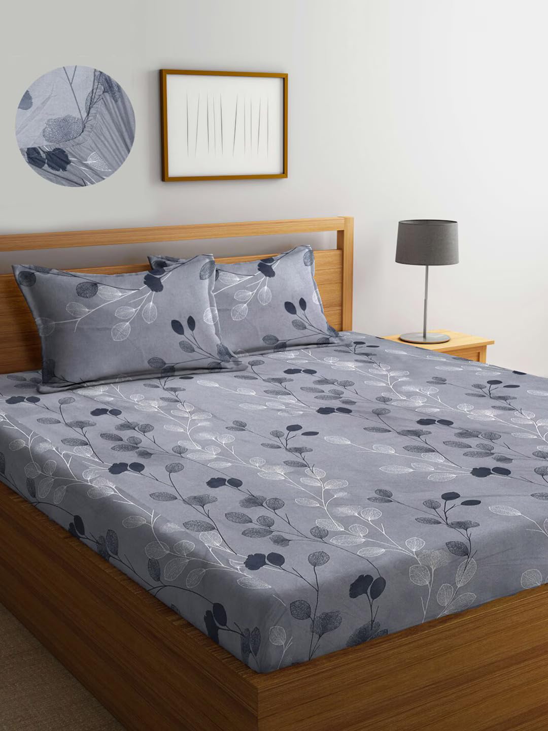 DECOMIZER Cotton Feel Glace Cotton Elastic Fitted Printed King Size Double Bed Bedsheet With 2 Pillow Cover 300 tcm Fits Upto 10 To 12 Inches Mattress,Size- 72X78X14 Inches,Grey Bale Leaves