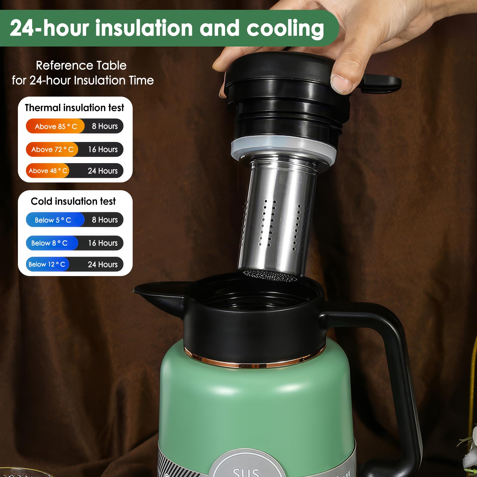 Thermoskan 1L met theezeef, kleine thermoskan voor reizen met uitneembaar, goed afgedichte koffiekan, roestvrijstalen koffiekan houdt
