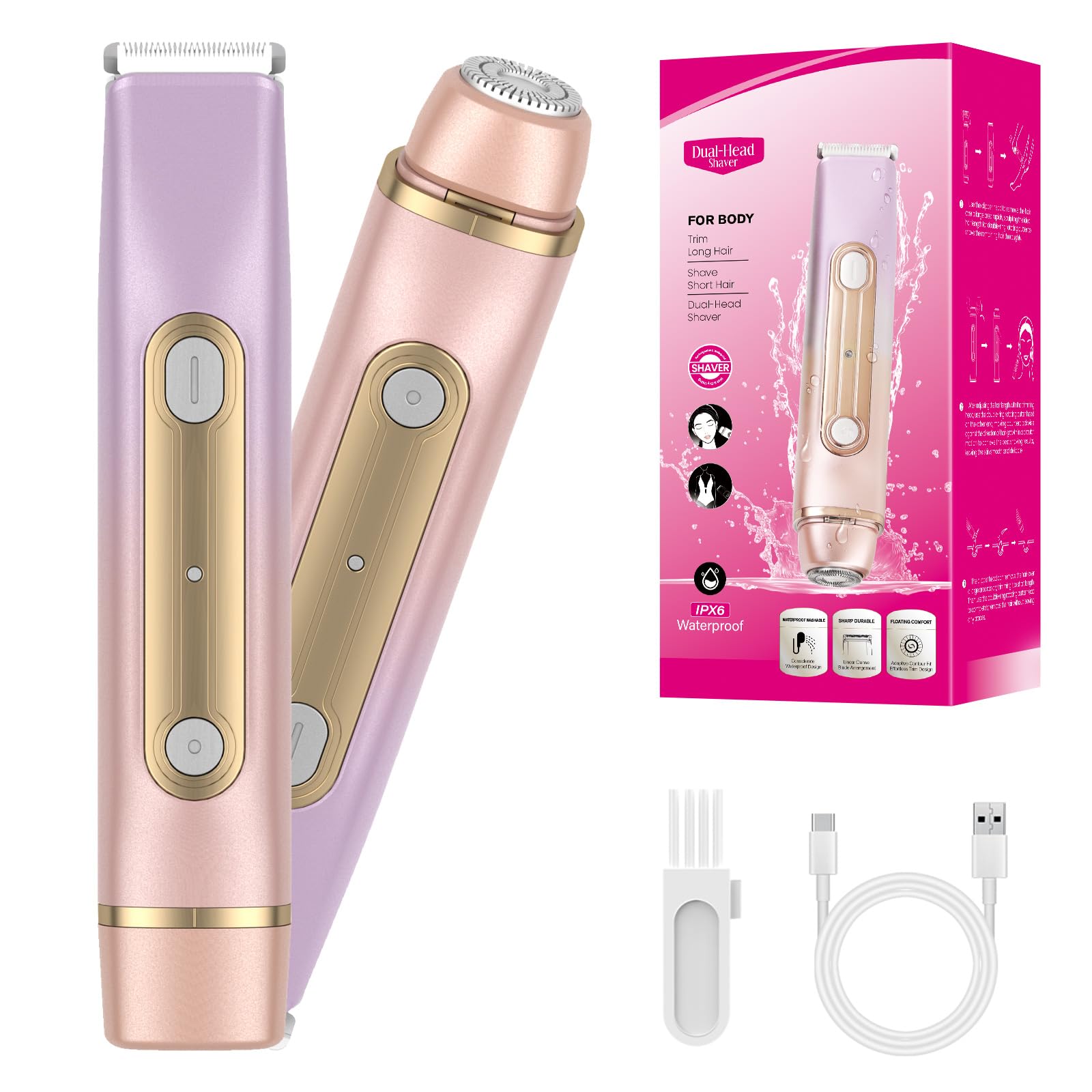 Afeitadora Mujer,2 en 1 Profesional Rasuradora con estación recargable USB, Impermeable IPX7 Recortadora Mujer zona Intima, Rasuradora para Cara Axilas Bikini flotador portátil