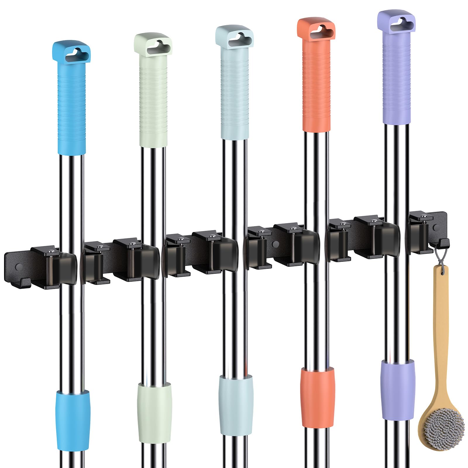 Oamwrae 5 Slot Broom Holder Wall Mounted with 2 Hooks, Stainless Steel Mop Holder, Heavy Duty Brush Holder for Bathroom, Kitchen, Closet, Garden Garage Tool Storage, Black
