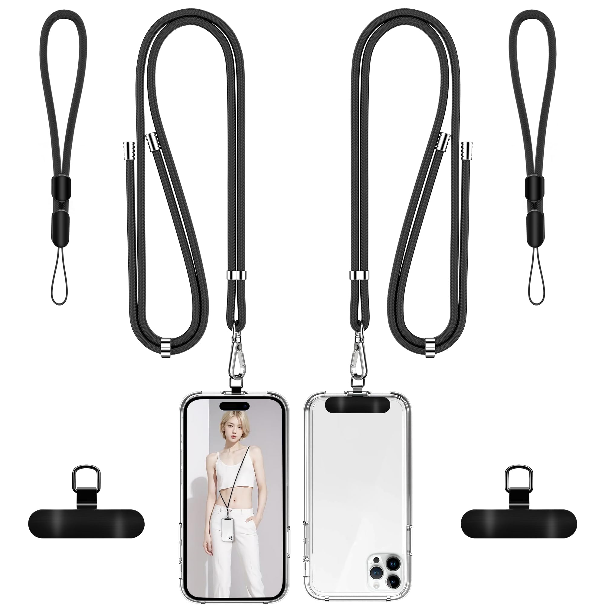 takyu Phone Lanyard, 2 Pack Adjustable CellPhone Lanyard Crossbody Neck Strap and 2 Pack Phone Wrist Strap with 2x Tether Metal Tabs for iPhone Android Smartphones-Black