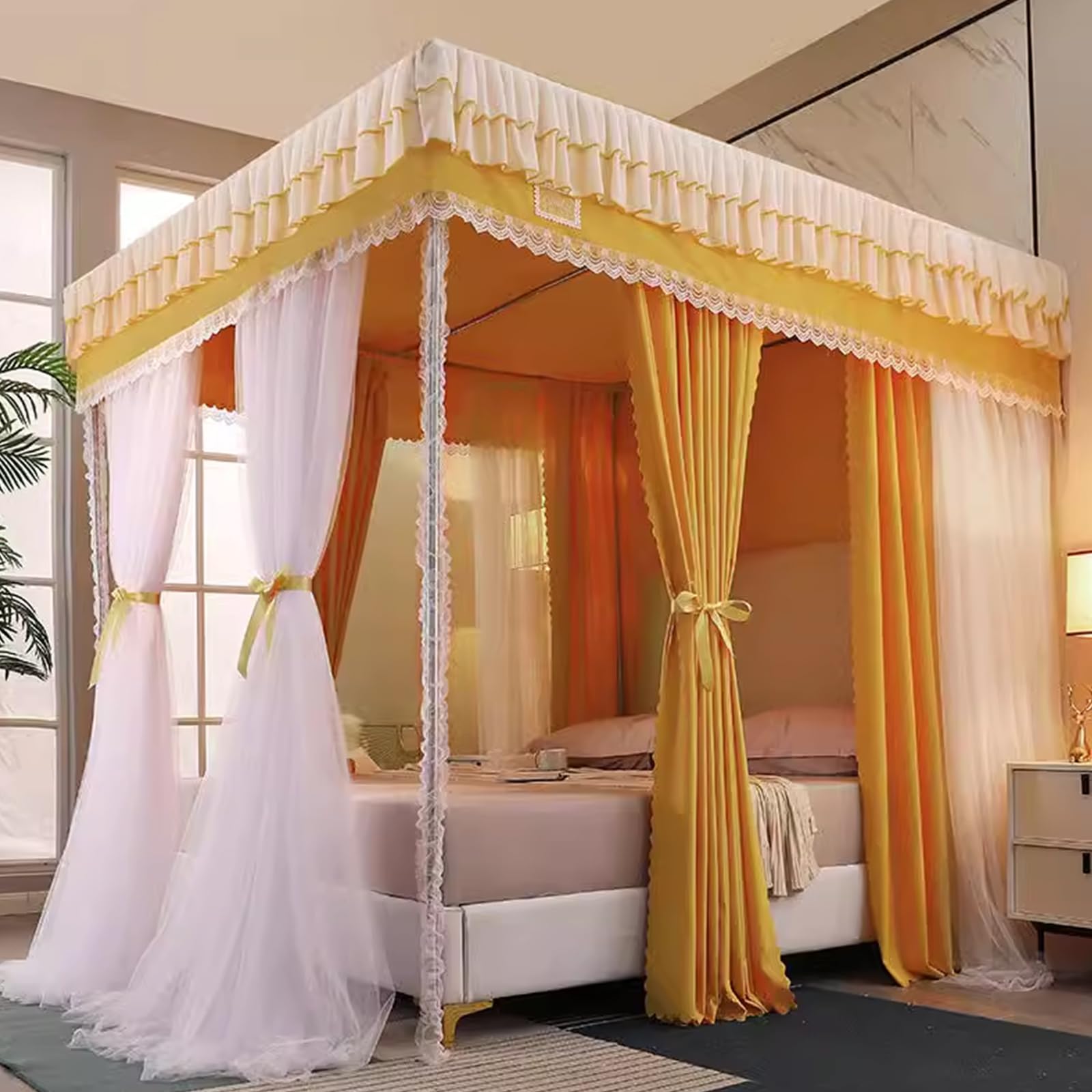 4 Esquinas Poste Princesa Cortinas Cama con Dosel para s, 4 Apertura Cama Queen King Tienda De Campaña Mosquitera - Toldos De Malla Transparente De Doble Capa Cortinas Decoración De La Habit