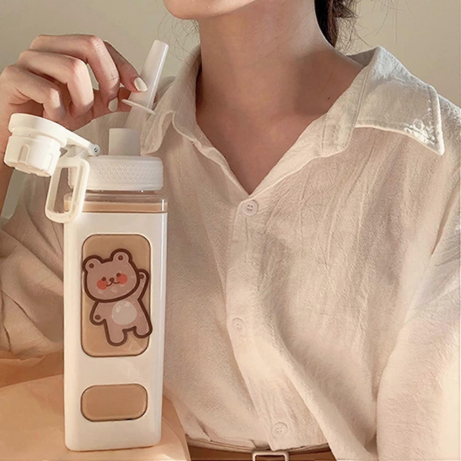 JOYHAPPST 700ml Kawaii Bear Water Bottle With Straw Plastic Portable Square Drinking Bottle Large Water Bottle(with Sticker)