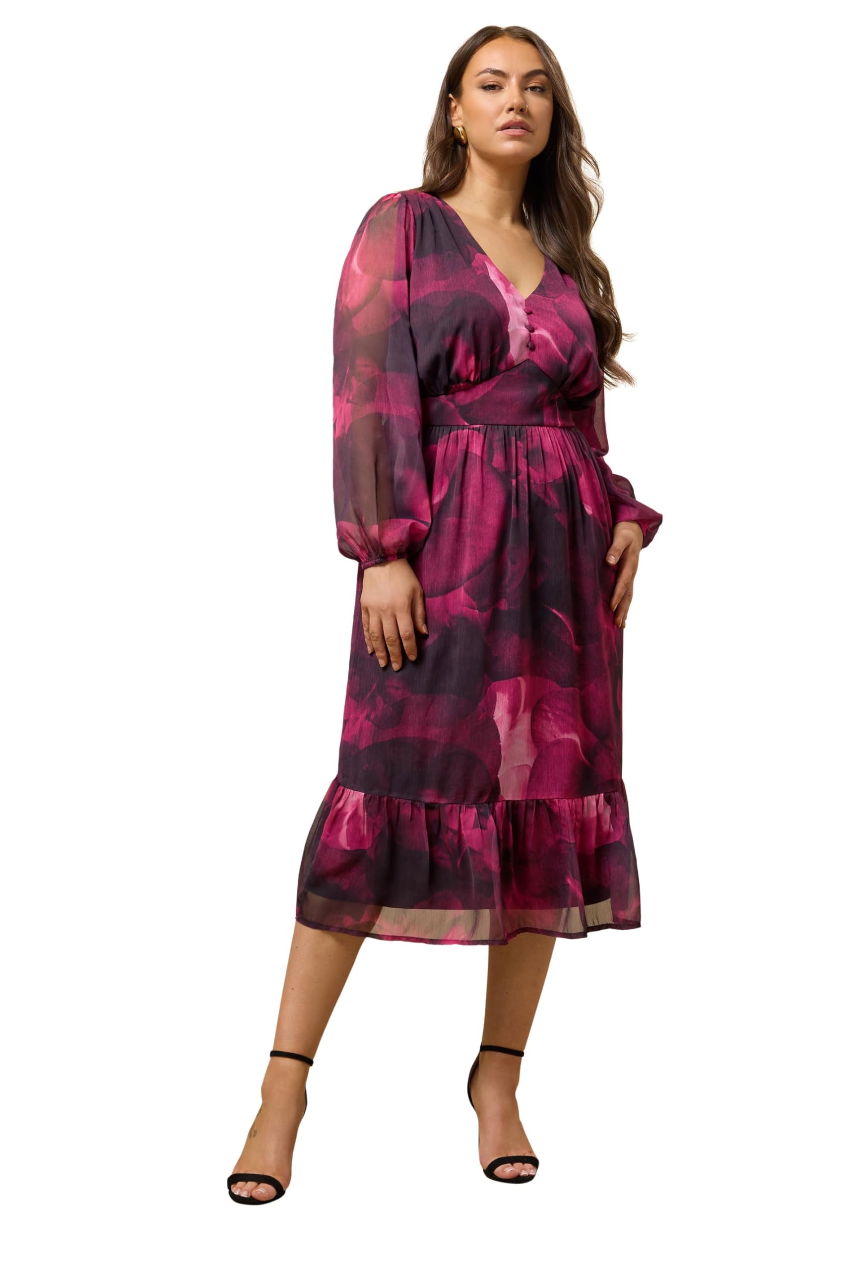 Evans Women's Pink Curve Red Floral Print Half Placket Dress - Plus Size Curve