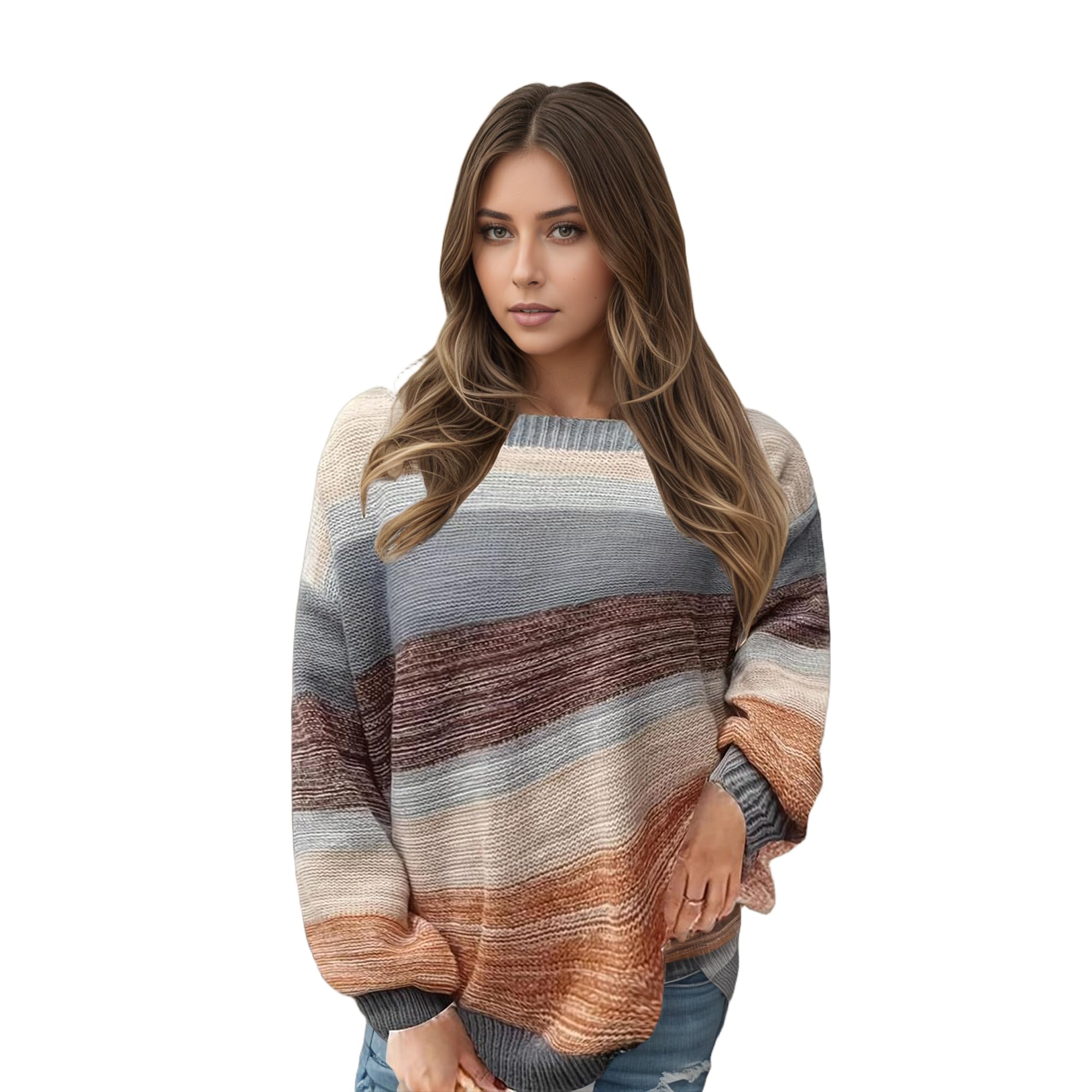 Womens Plus Size Color Block Pullover Sweater Casual Loose Long Sleeve Crew Neck Sweaters Fall Winter Stripes Tops