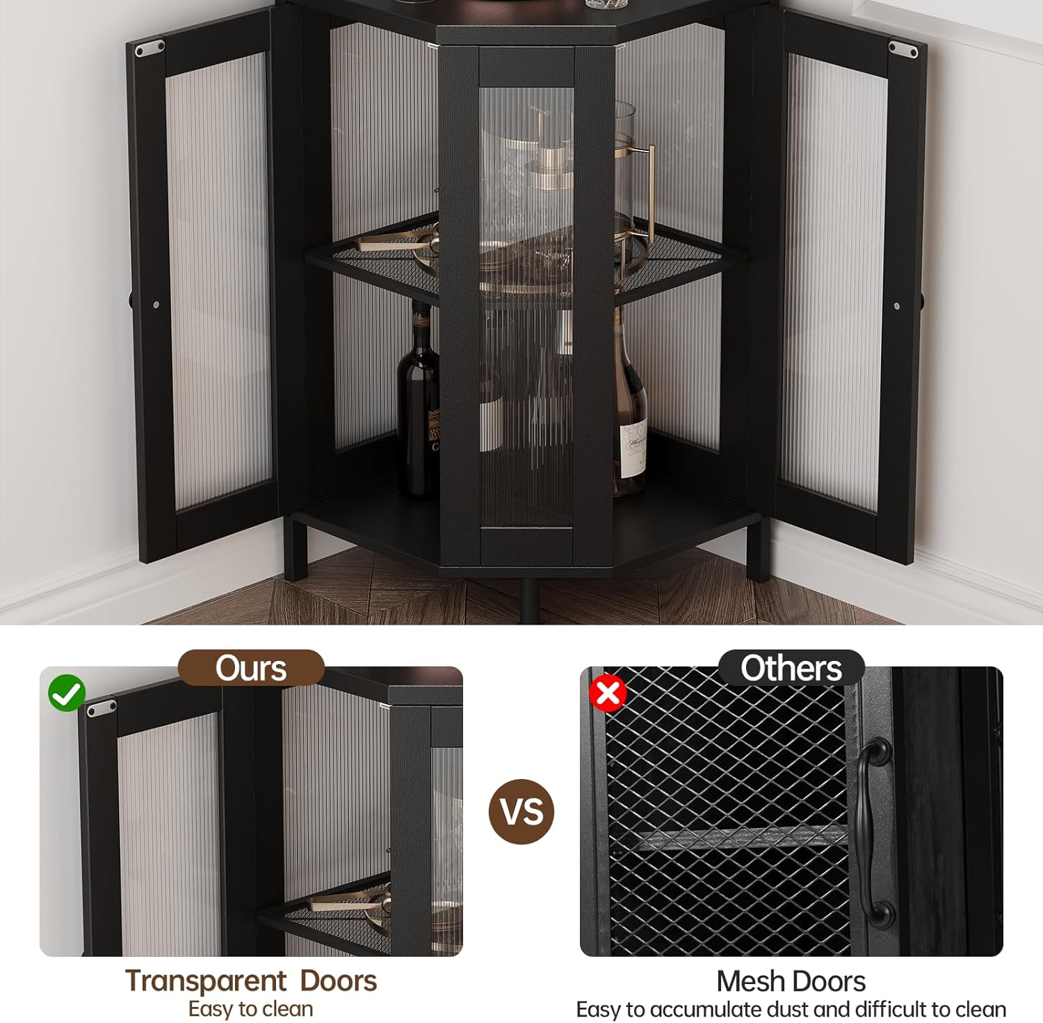 Comparison showing transparent doors on the Airynee cabinet versus mesh doors on other cabinets, highlighting ease of cleaning.