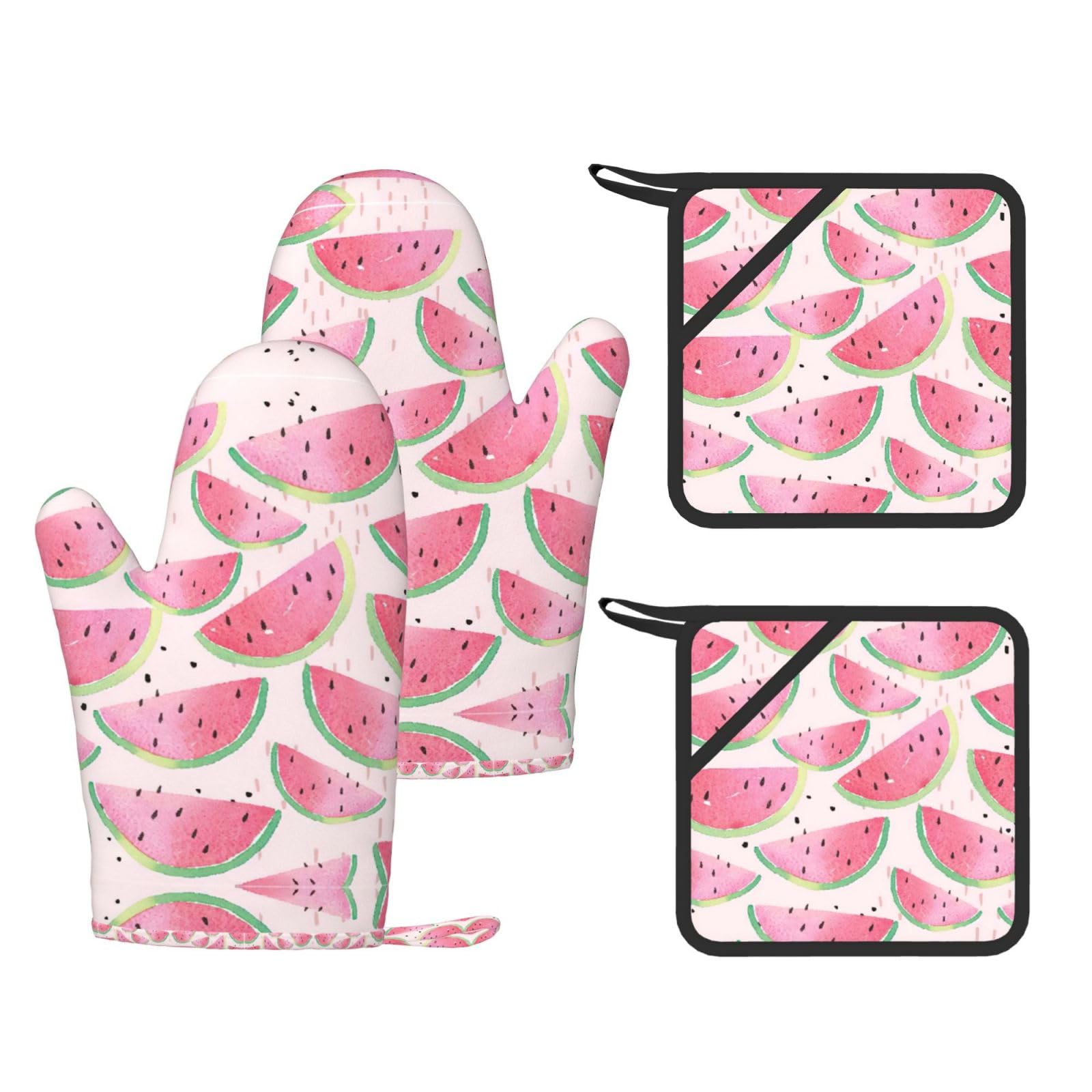 Watermelon fresh fruit Printed Oven Gloves and Hot Pads Set of 4, High Heat Resistant Silicone Mitts for Cooking BBQ