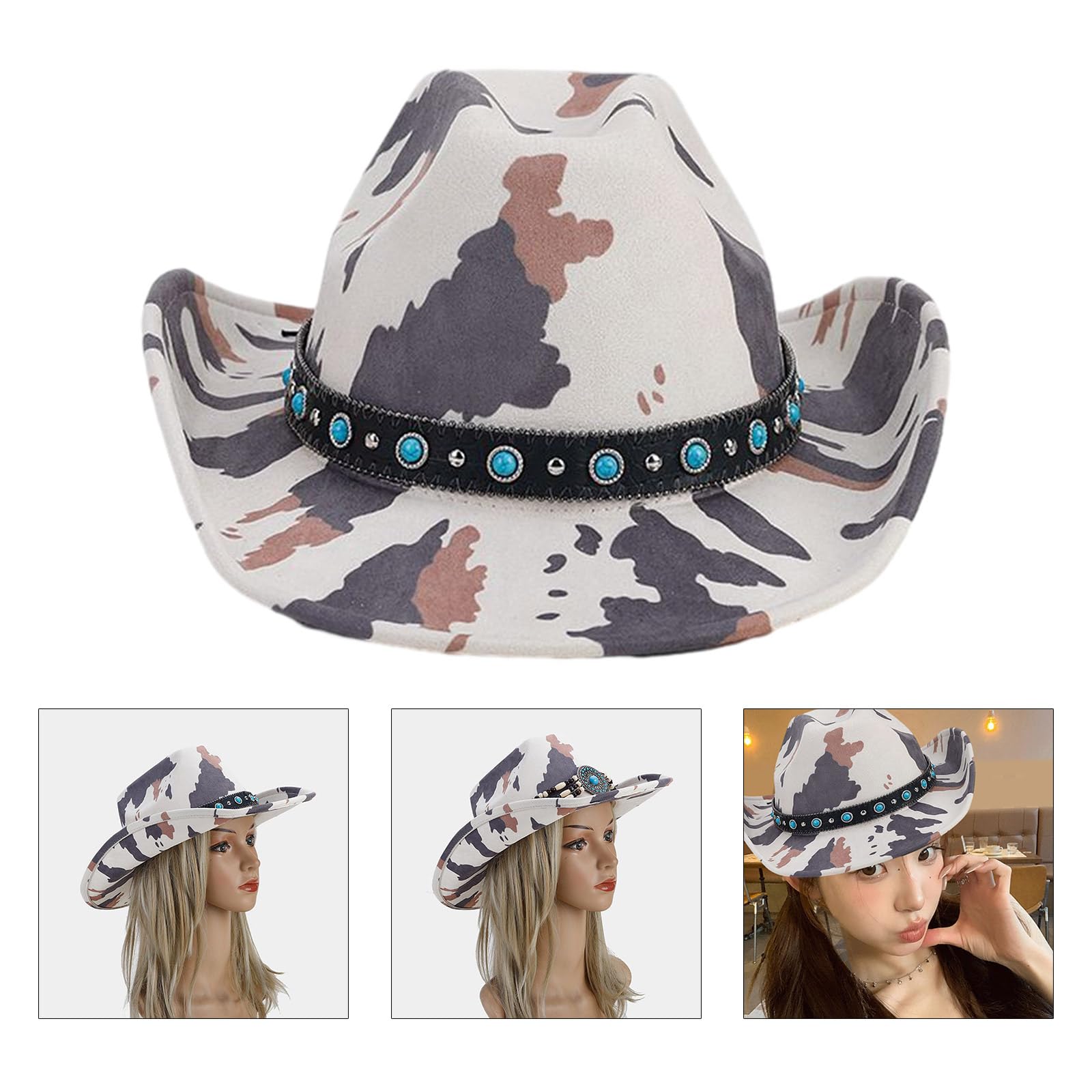 Gnbzxce Sunproof Thicken Cowboy Hat for Woman Men Breathable Cowboy Hat with Cow Print Pattern Felt Hat