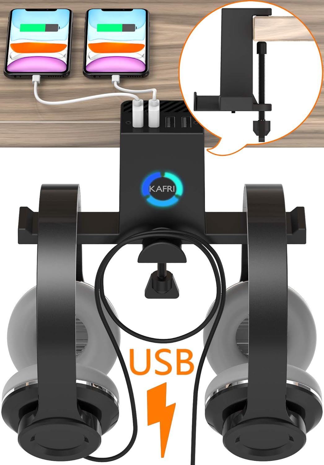 KAFRI Gaming Headphone Stand with USB Charger,RGB Clamp Dual Headset Earphone Hanger Holder Hook Mount Rack with 4 USB Charging Ports,Under Desk Design for All Headphone