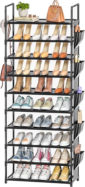 Tall Shoe Rack 10 Tier Shoe Racks for Entryway 30-35 Pairs, Shoe Storage Metal Shoe Shelf with 5 Hooks and Pocket,Sturdy Shoe Organizer