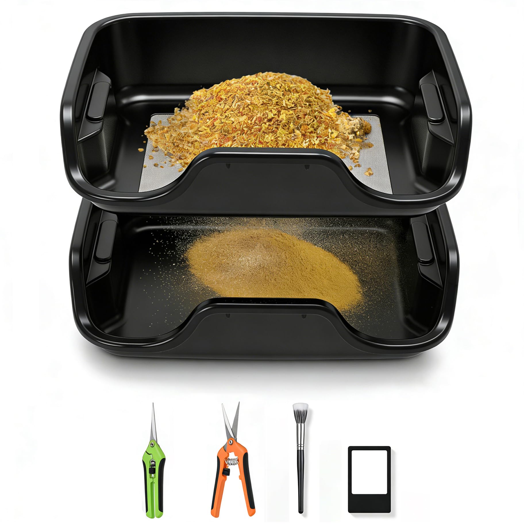 Trim Bin Set mit 150 Mikron Pollensieb, Trim Tray, Trimming Tray mit 2 Scheren, Lupe und Bürste, 5 Zoll Tabletttiefe, Trimmschale Professional Ernte Zubehör für Pollen und Kräutersieb