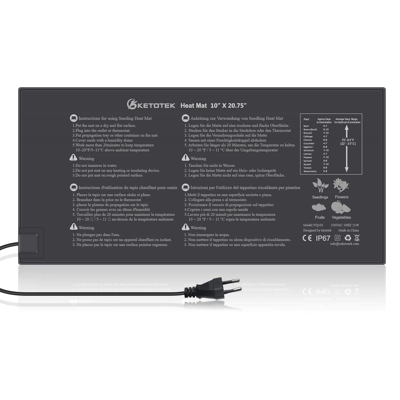 KETOTEK Manta Termica Semillas Plantas 220V Alfombra Termica Manta Calefactora para Semilleros Germinación Invernadero Impermeable 230V 21W