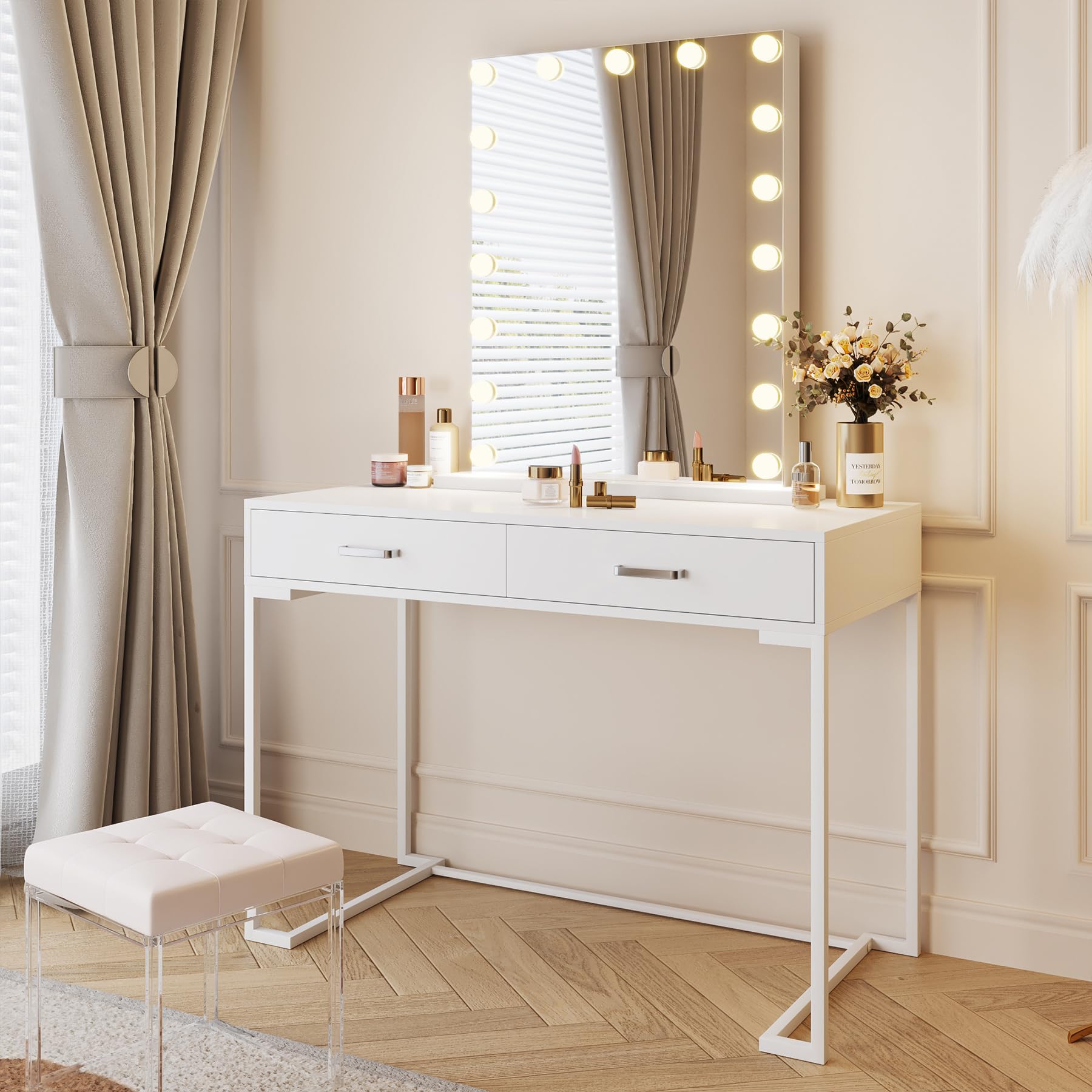 Tribesigns 41.7" W Vanity Desk with 24" Hollywood Mirror, Small Makeup Vanity with 2 Drawers, Vanity Mirror with Lights and Table Set 3 Lighting Modes Brightness Adjustable for Bedroom (White)