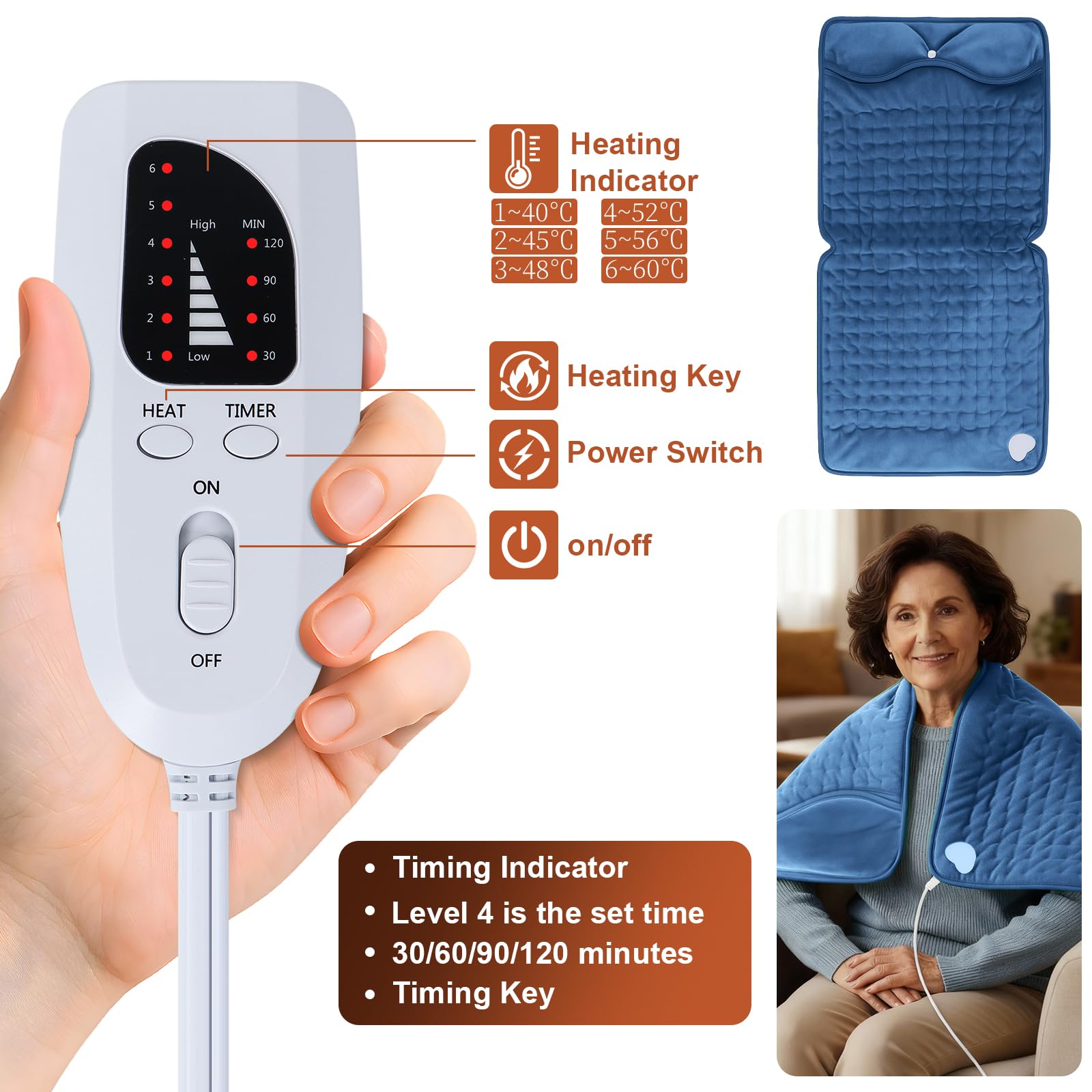 Scaldapiedi elettrico per donne, uomini e anziani, riscaldamento rapido per piedi con 6 impostazioni di calore e timer, cuscinetto riscaldante extra large lavabile,Cerniera blu navy 40x80 cm