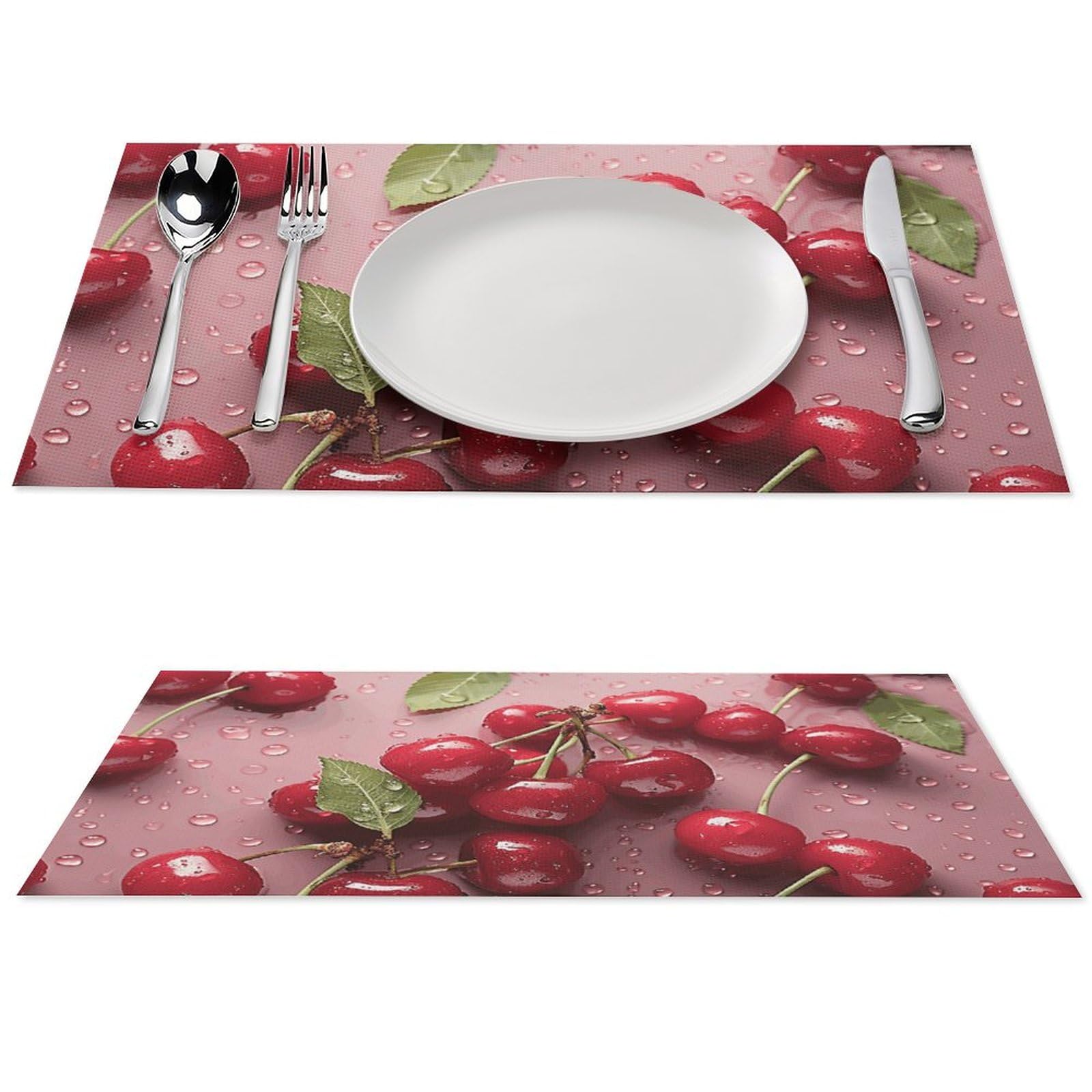 Lovely Sweet Red Cherry Placemats Set of 4 PCS Heat-Resistant Washable PVC Place Mats Non-Slip Wipeable Vinyl Woven Kitchen Table Mats for Indoor Outdoor Party Dining Table 12x18 Inch