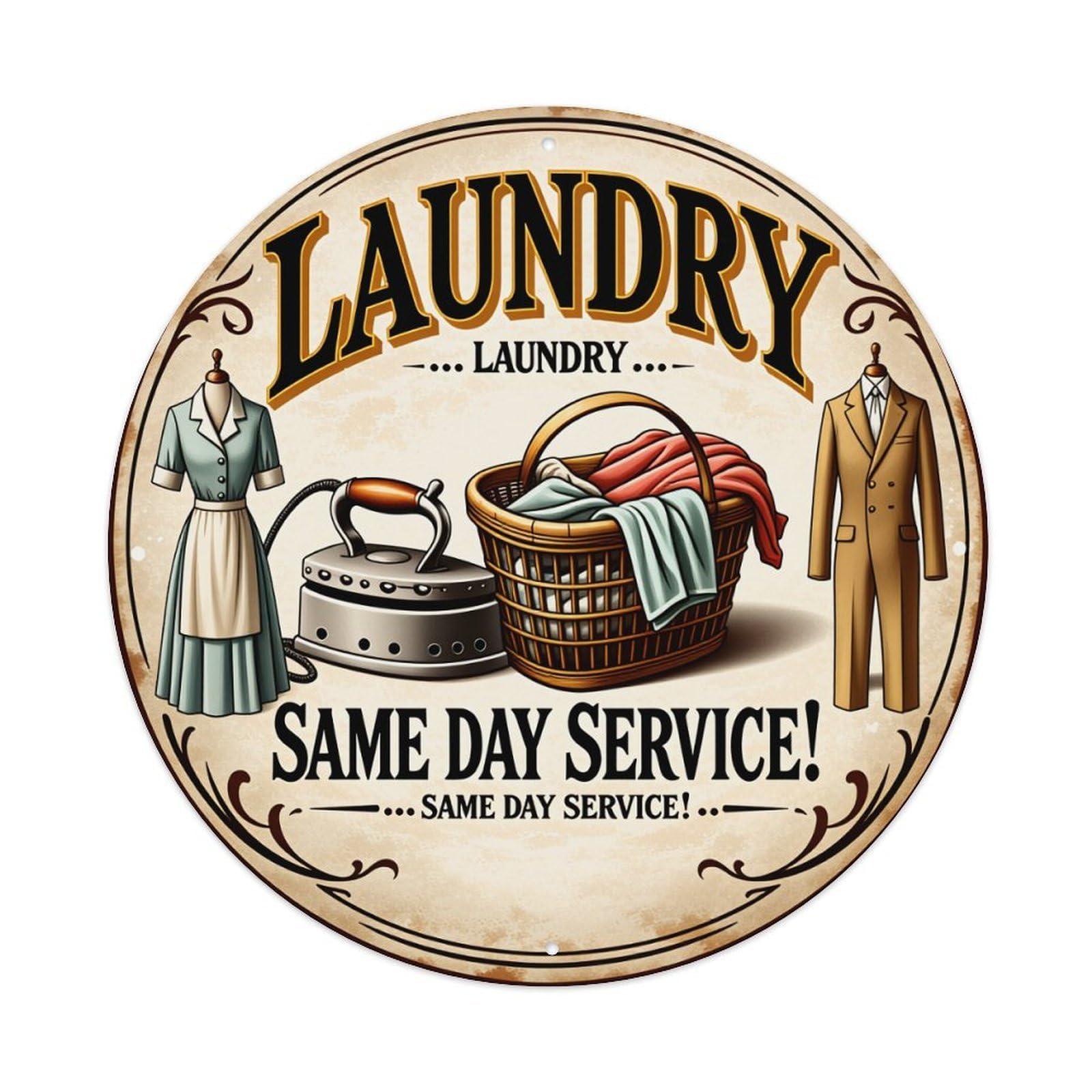 Laundry Service Same Day Ironing Basket Clothes Round Vintage Tin Sign,Retro Wall Art,Metal Poster for Home, Bar, Garage, Cafe, Rustic Indoor & Outdoor Decor, 8x8 Inches