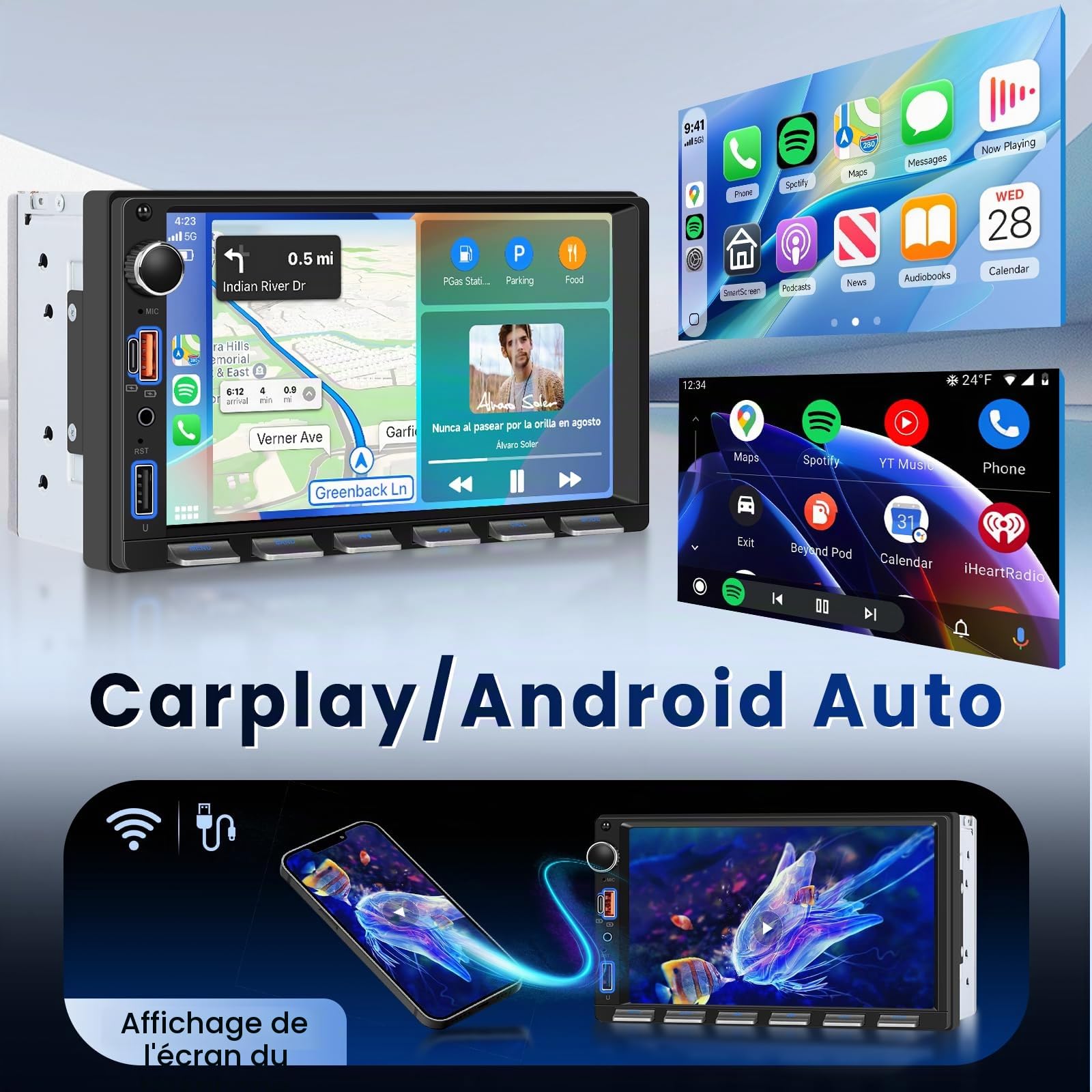 Hodozzy 2 Din Autoradio avec Carplay sans Fil Android Auto, 7 Pouces Touches Piano 2 Din Écran Tactile Radio Voiture avec Bluetooth, Radio FM, EQ, Vidéo en Ligne, Mirror Link, USB/AUX/Type-C, SWC