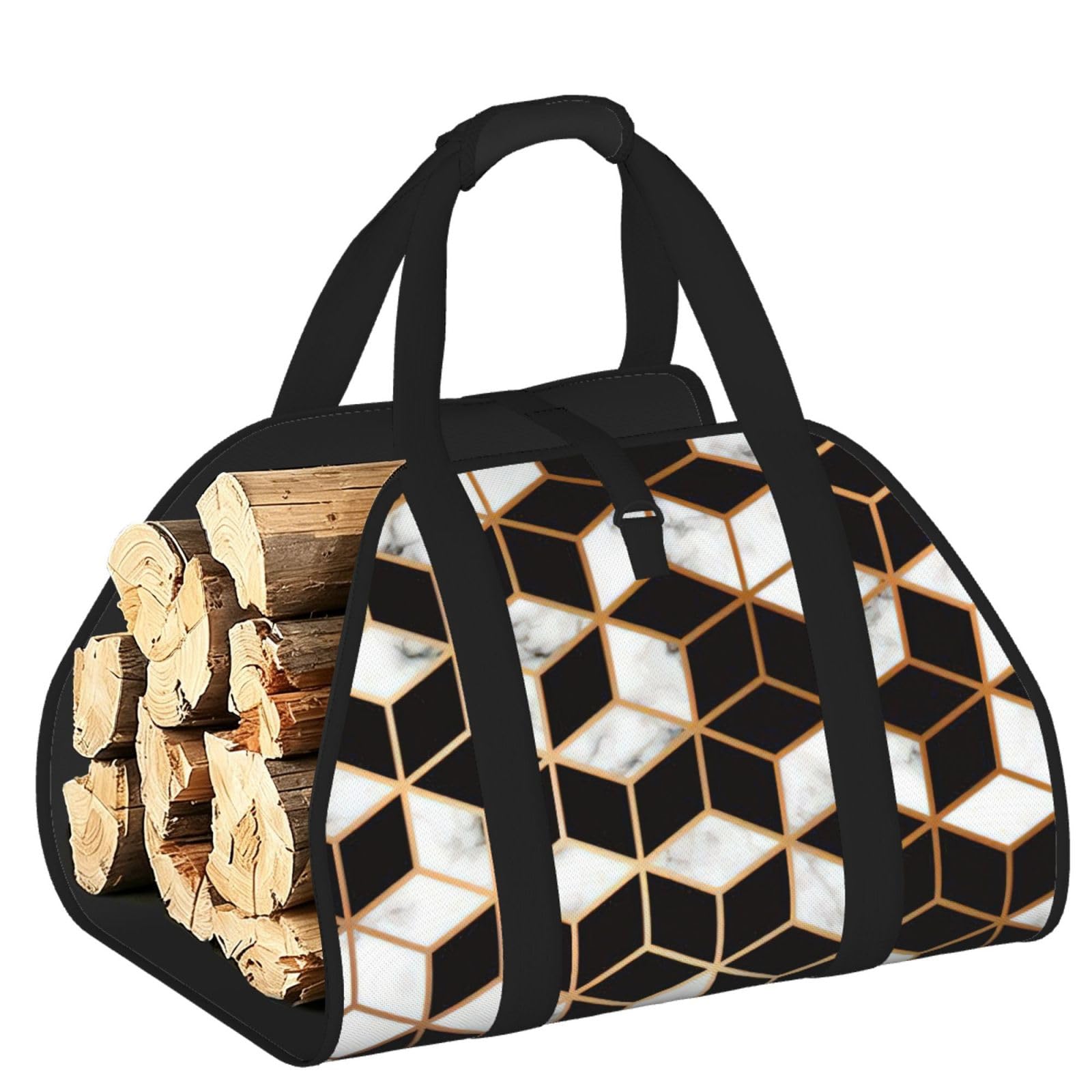 Ayyqwe Black 3D Marble Pattern Print Firewood Bag Wood Waterproof Versatile Camping Picnic Storage Daily Home