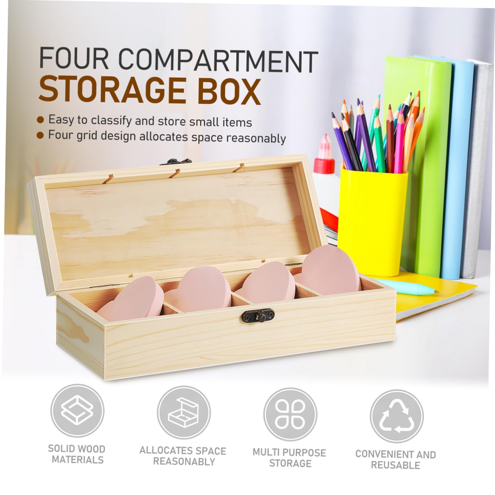 Holzbox mit Klappdeckel 2 Stück 25x9.5x6.5cm Aufbewahrungsbox mit Ablagefächern für Notizen und Karten Geeignet für Büro Schule und Wohnraum