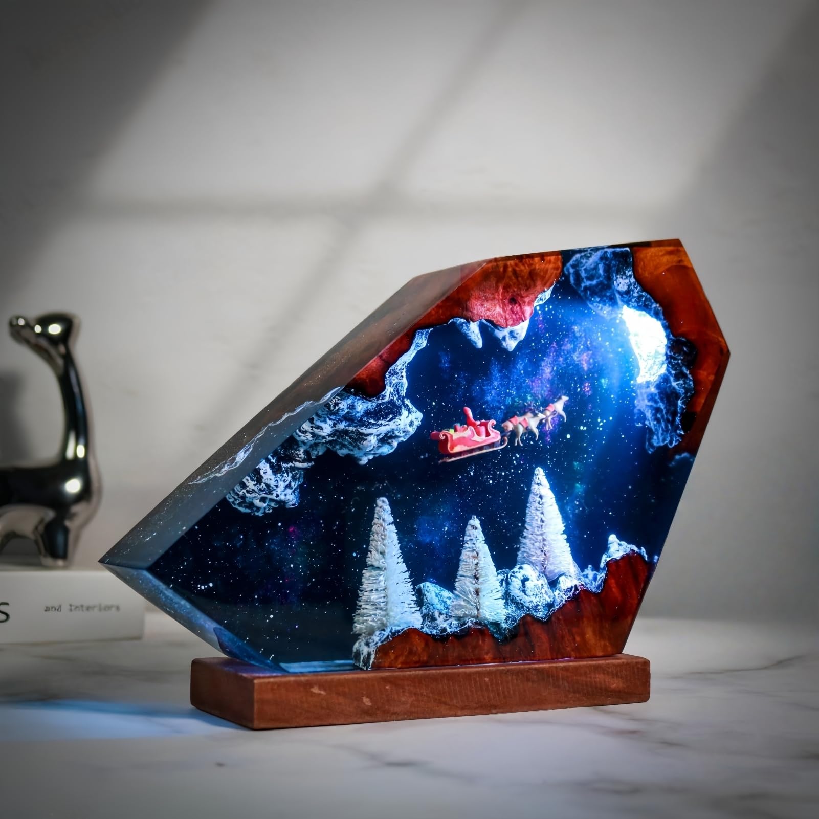 Drawelry Epoxy Resin Bedside Lamp, Winter Forest and Santa Claus, Resin Lamp, Bedroom Lamp, Night Lamp, Table Lamp, Unique Christmas Home Decor Gift, Winter Gifts for Him (M)