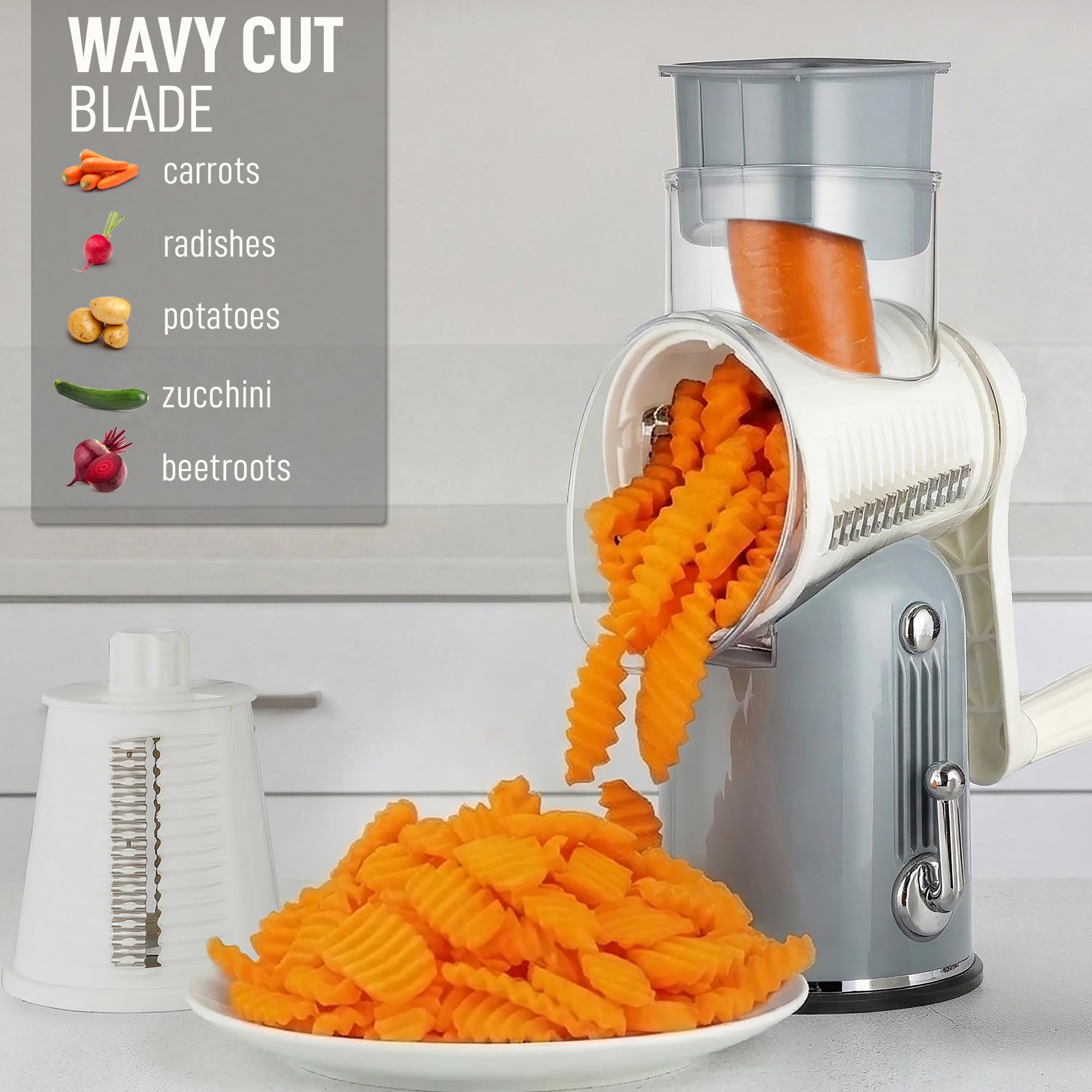 Zulay Kitchen - Râpe à fromage rotative à 5 lames - Râpe à fromage manuelle avec manivelle et aspiration renforcée & 5 tambours interchangeables - Facile à utiliser, hachoir à légumes, mandoline ronde