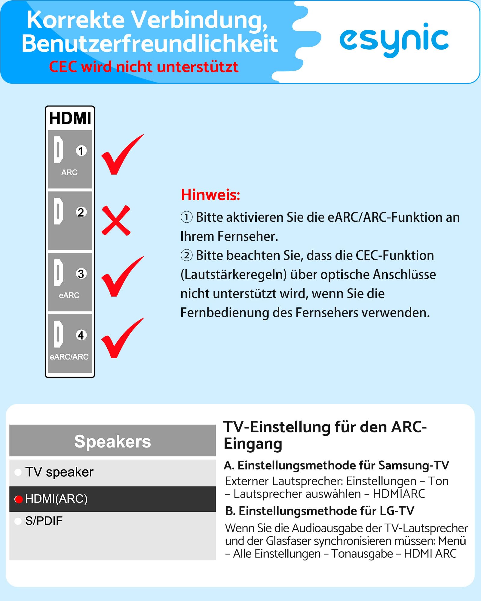 eSynic eARC/ARC zu Optisch Audio Kabel 1,5 m All-in-One HDMI ARC Adapter mit integriertem Audio Extractor 192 kHz/24 Bit Dolby Digital & DTS 5.1 Plug & Play für TV zu Soundbar Heimkino Funkkopfhörer