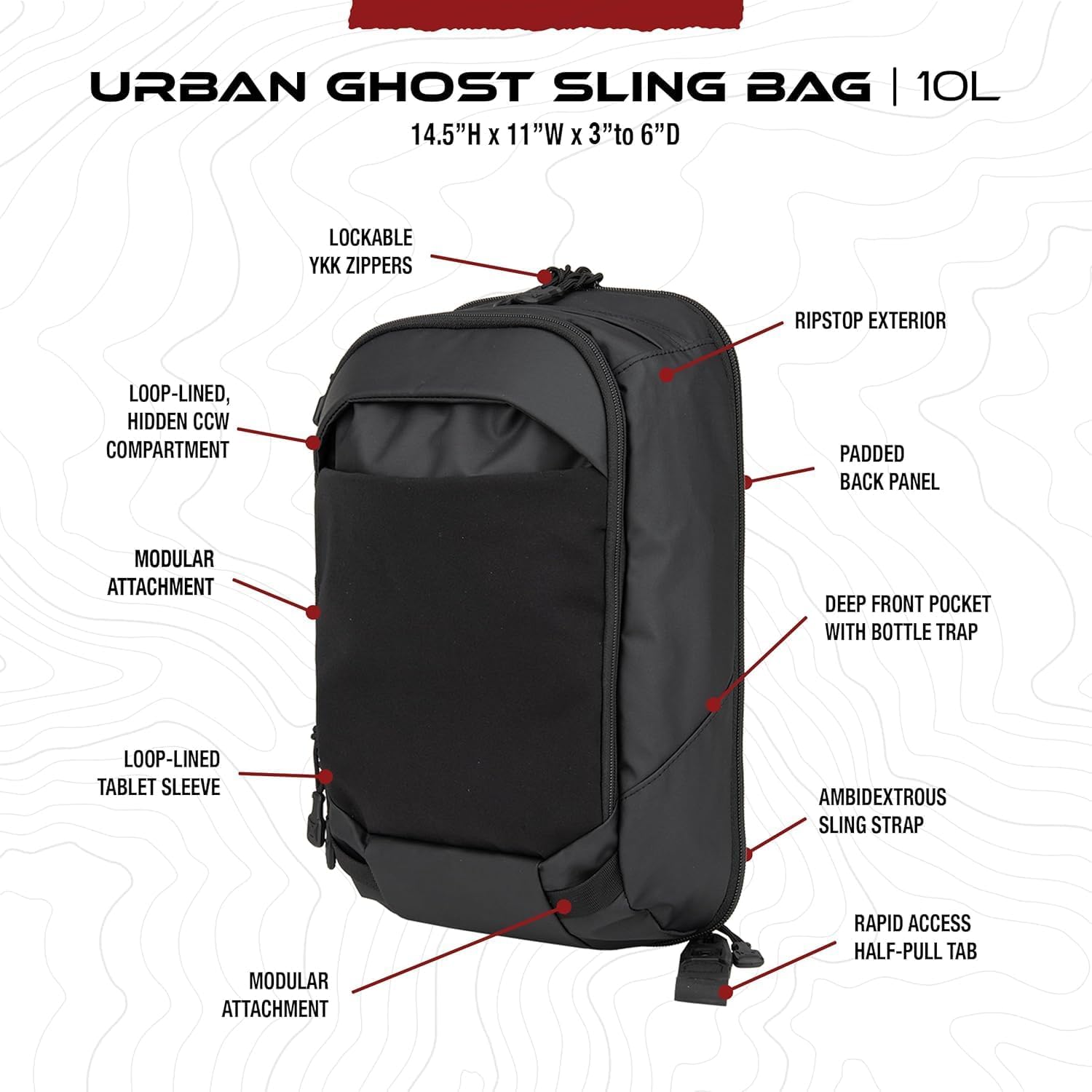 Vertx Urban Ghost Tactical Sling Bag (10L) - Durable Ripstop CCW Sling with Rapid Access Tab, Ambidextrous Strap, Lockable - It's Black - Image 7