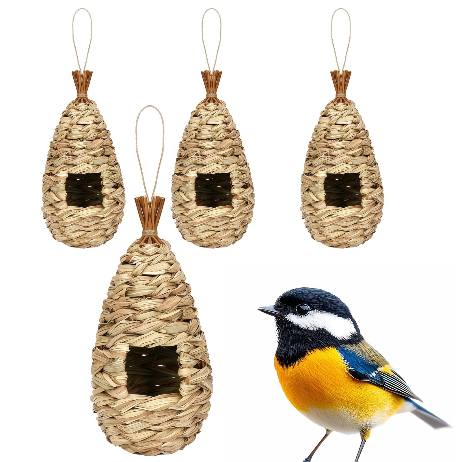 HAICN 4Pieces 11 * 24cm Bird Nest Hand Woven Bird Nesting Boxes Wild Birds Hanging Roosting Pouch Hatching Breeding Cave Birdhouses for Indoor & Outdoor Use