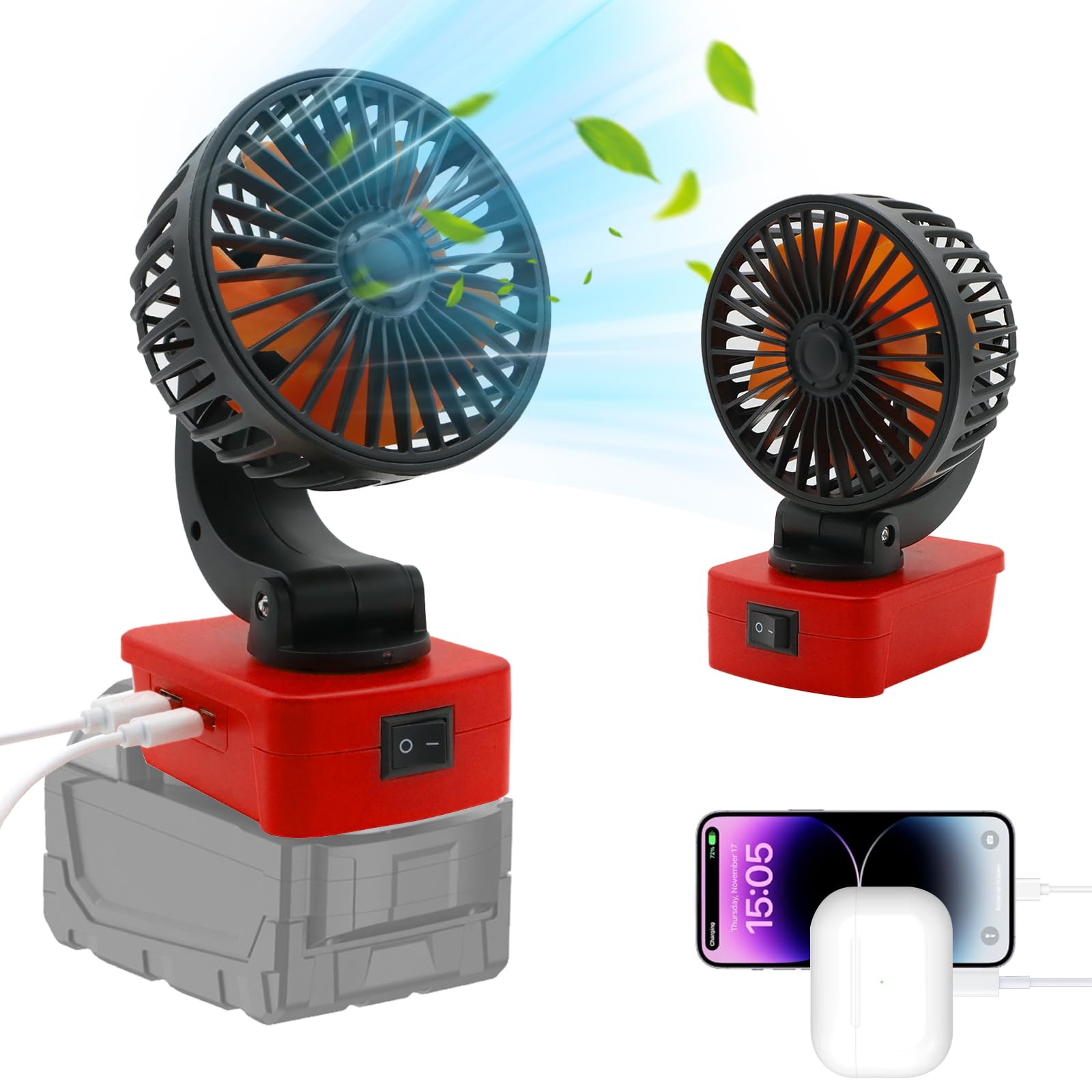 Compatible with Milwaukee M18 Battery Cordless Portable Fan, Battery Powered Jobsite Fan with USB & Type-C Charging Ports and Low Voltage Protection for Indoor Outdoor Camping Travel