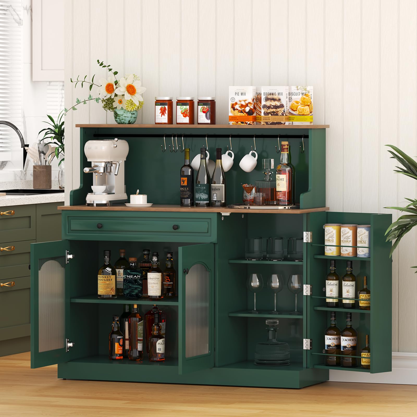 HOLTICO Vaisselier Buffet de Cuisine avec Plan de Travail, Meuble pour Micro-Onde et Bar à Café, avec Armoire de Rangement, Tiroir et Étagères, pour Salle à Manger, Salon, 120 x 120 x 40 cm, Vert