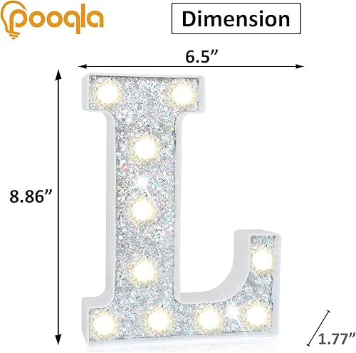 Miniatura 5 de Pooqla Letras con luces LED de marquesina, letras plateadas iluminadas con purpurina del alfabeto, letreros que funcionan con pilas para luz