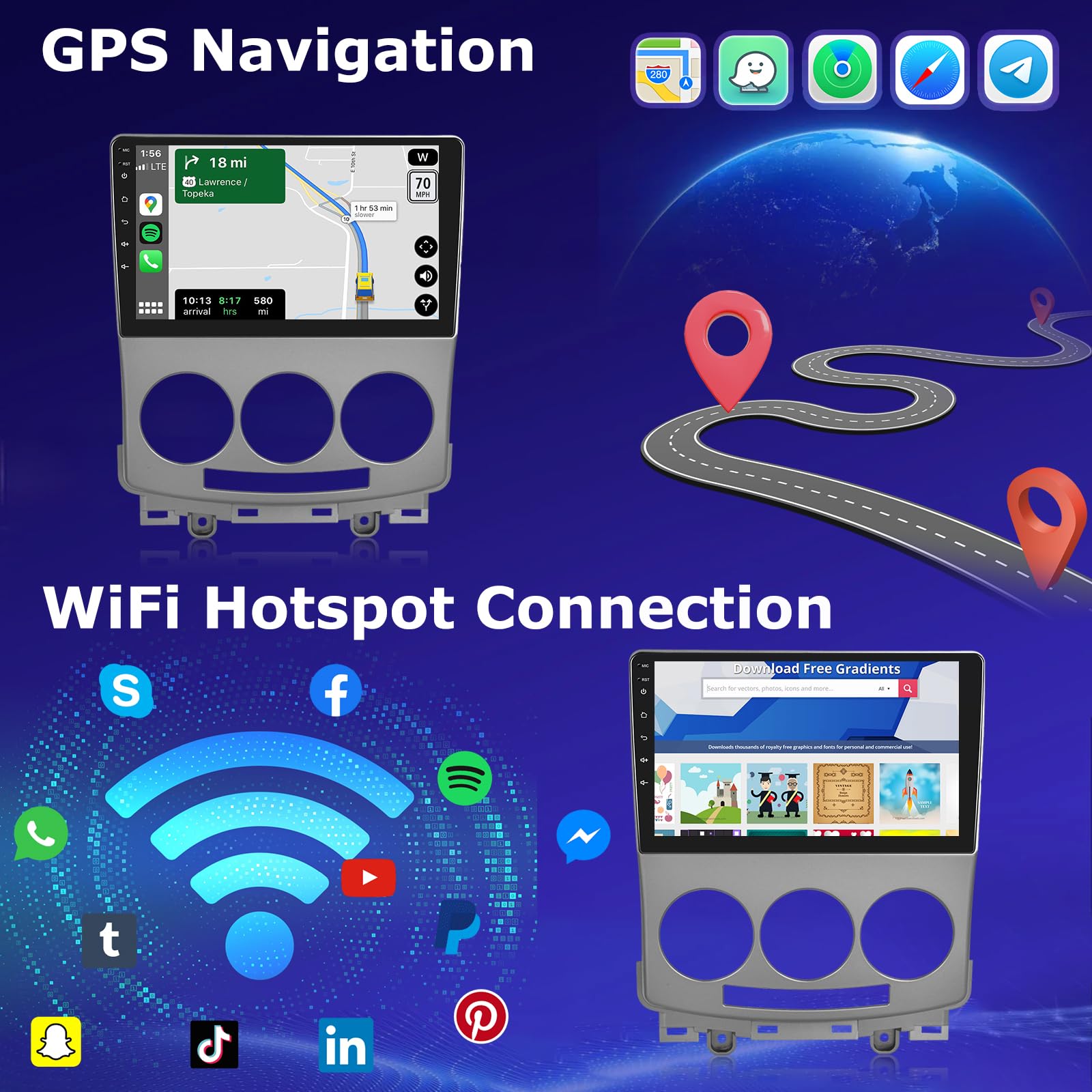 Radio samochodowe 2G+64G Android dla Mazda 5 2005-2010 z bezprzewodową funkcją Carplay i Android Auto, 9-calowy ekran dotykowy radio samochodowe z Wi-Fi, nawigacją GPS, Bluetooth, FM RDS