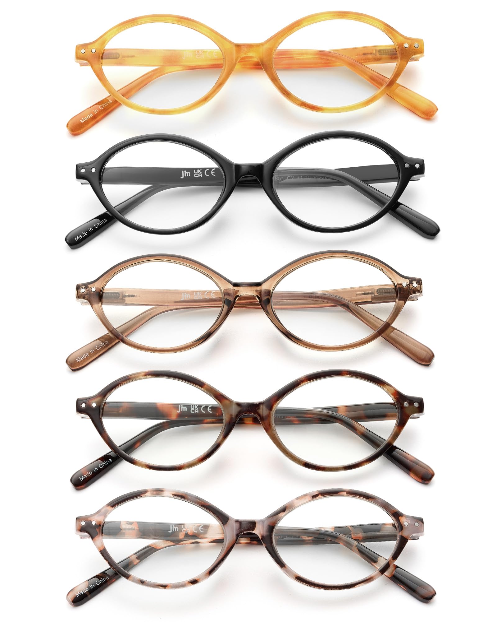 JM 5 Pack Oval Reading Glasses for Women, Trendy Blue Light Blocking Computer Readers with Spring Hinges +1.00